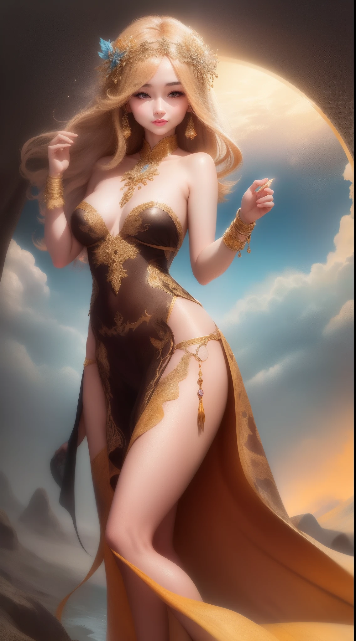 Describe the stunning beauty of the girl standing on the beach, the soft sand beneath her feet, the sparkling waves gently lapping at her ankles. Her long golden hair dances in the salty breeze, framing her radiant face with a natural glow. The sun sets behind her, casting a warm orange hue across the sky and highlighting her flawless complexion. Her eyes sparkle with joy as she gazes at the breathtaking view, radiating an effortless beauty that captivates anyone who glimpses of her.lua, jewelry, gemstone, sign, armor, (masterpiece), cosmic