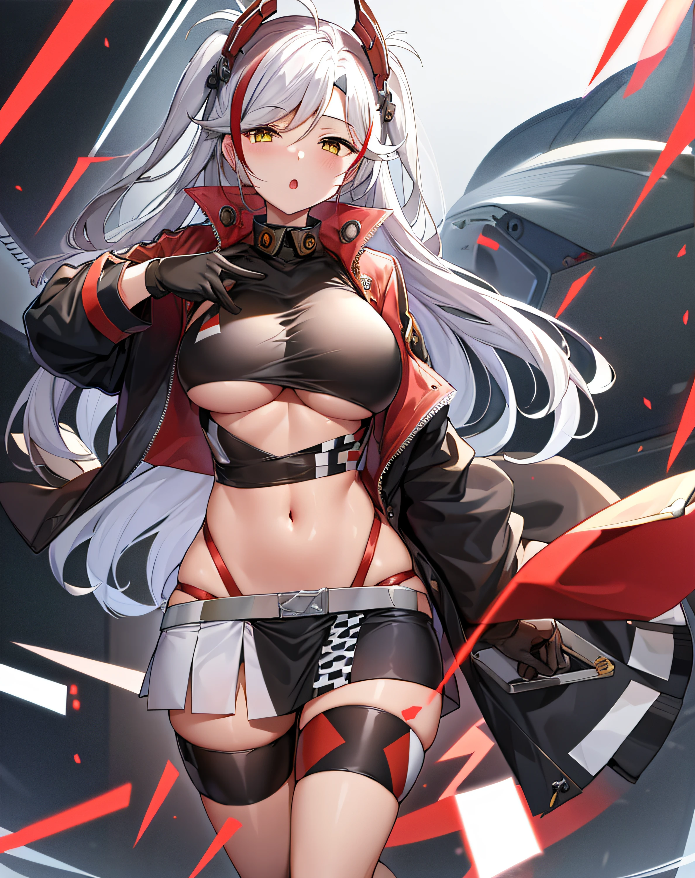masutepiece, Best Quality, PrinzV4, 1girl in, Solo, Long hair, breasts, Looking at Viewer, Skirt, Large breasts, gloves, Navel, Holding, Jacket, Yellow eyes, White hair, Red hair, multicolored hair, Open your clothes, Black Gloves, Open jacket, official alternate costume, striated hair, Black jacket, put hands on the hip, underboob, Headgear, a flag, Red panties, Race Queen, Pending Flag,Poses that emphasize breasts、top-quality