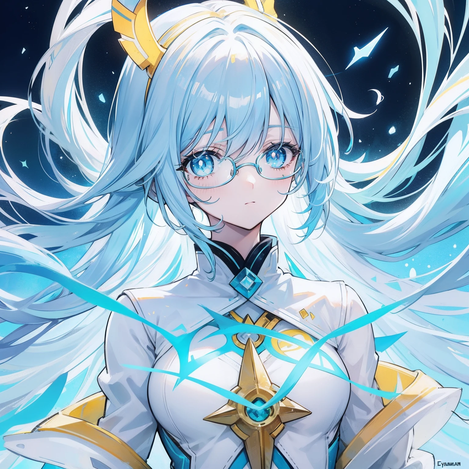light blues,Yellow hair,Fluorescent milky white,Blue-pink pupils,Black thick-rimmed glasses,Yellow, Blue and white clothes,Super nice looking, Particularly sweet and cute female Aquaman,Light of faith