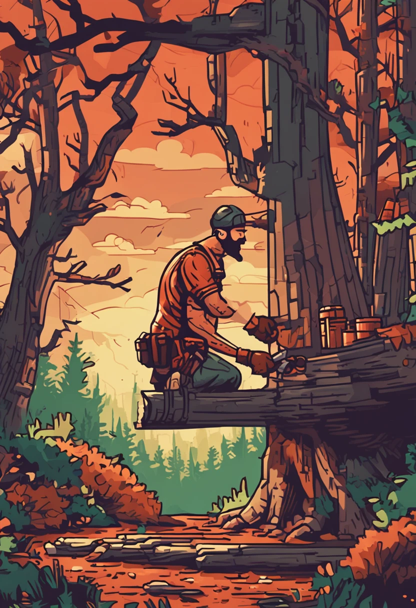 Pixel art, Flat design, hyper-high detail. A woodcutter logging in the woods,closeup cleavage