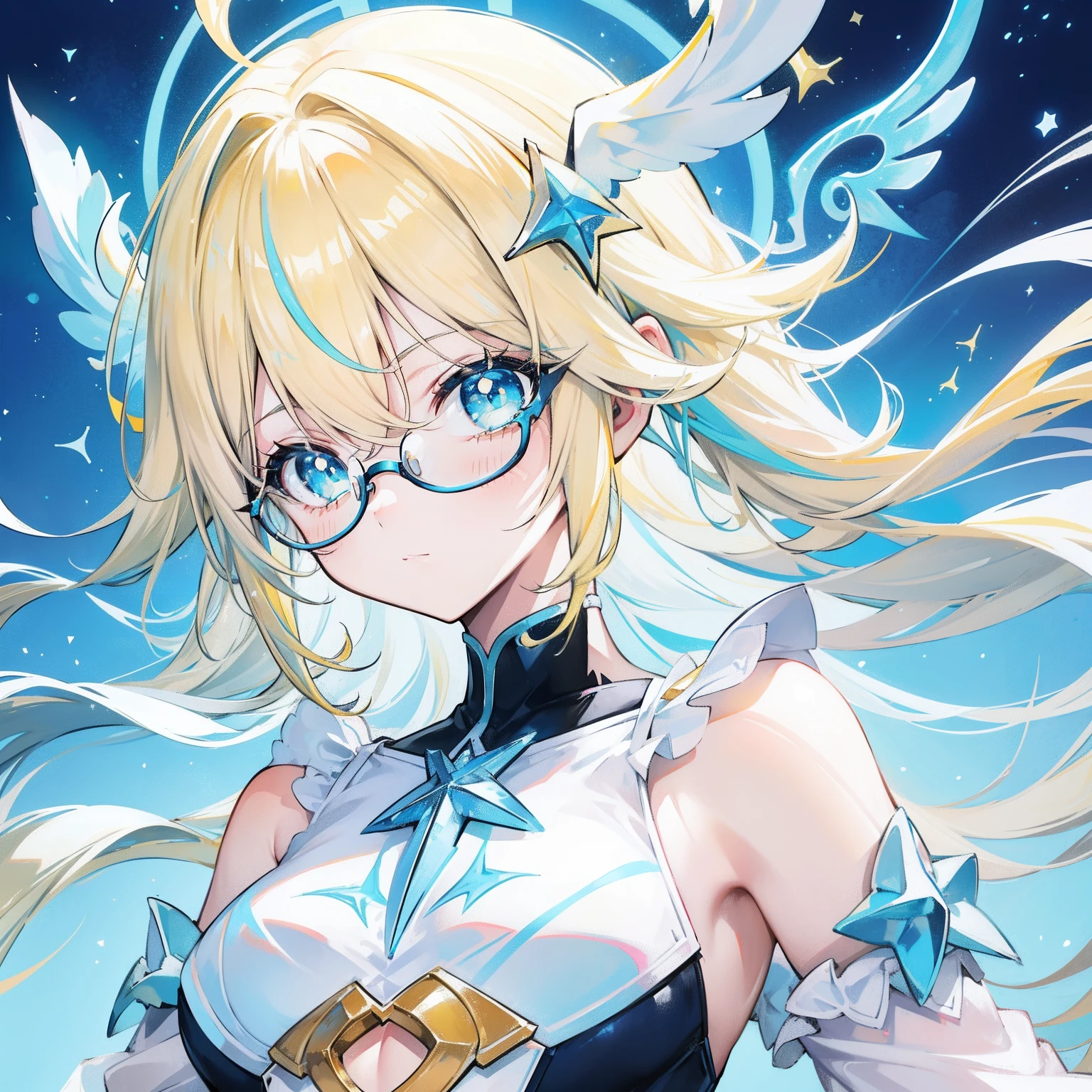 light blues,Yellow hair,Fluorescent milky white,Blue-pink pupils,Black thick-rimmed glasses,Yellow, Blue and white clothes,Super nice looking, Particularly sweet and cute female Aquaman,Light of faith