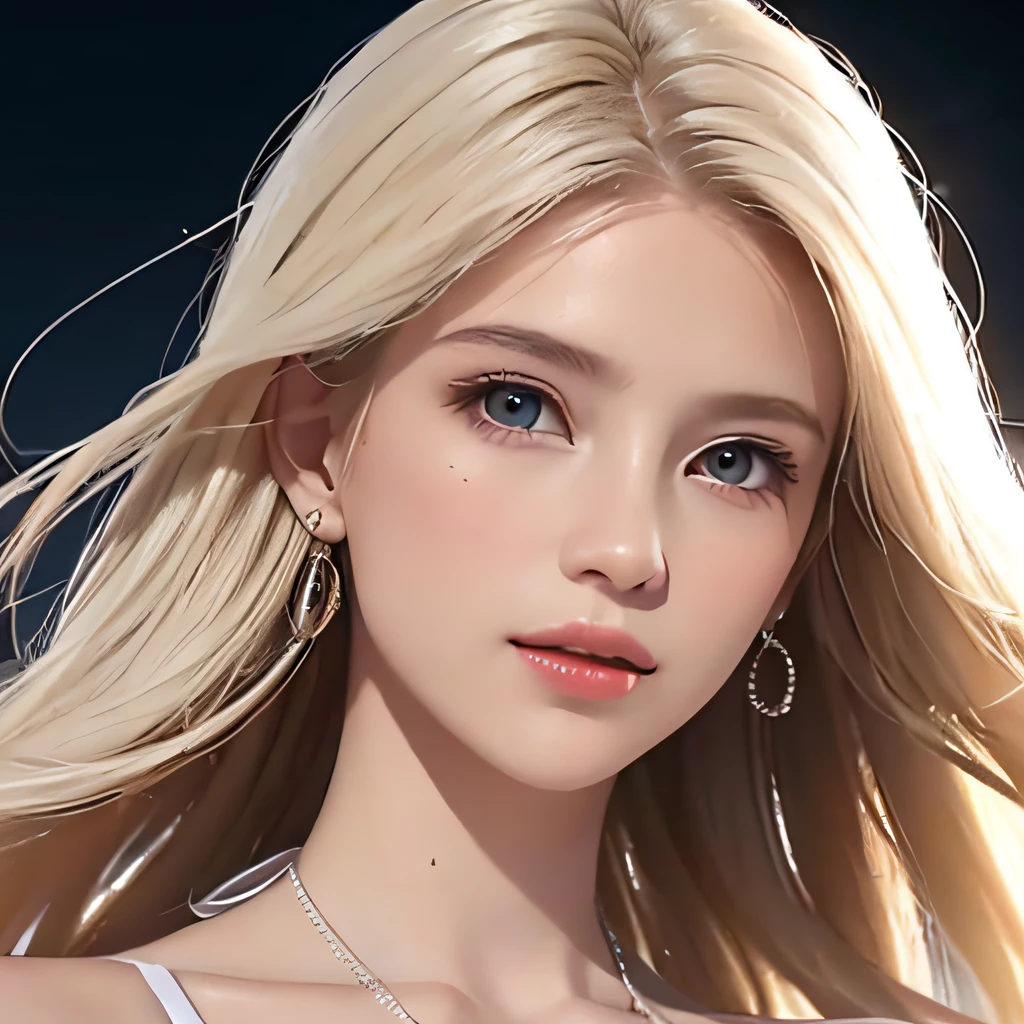 (8K, RAW Photos, of the highest quality, Masterpieces: 1.2), (Realistic, Photorealistic: 1.37), Highest Quality, Ultra High Resolution, light  leaks, Dynamic lighting, Slim and smooth skin, (Full body:1.3), (Soft Saturation: 1.6), (Fair skin: 1.2), (Glossy skin: 1.1), Oiled skin, 22 years old, Night, shiny white blonde, Well-formed, Hair fluttering in the wind, Close-up shot of face only, Physically Based Rendering, From multiple angles, The bikini