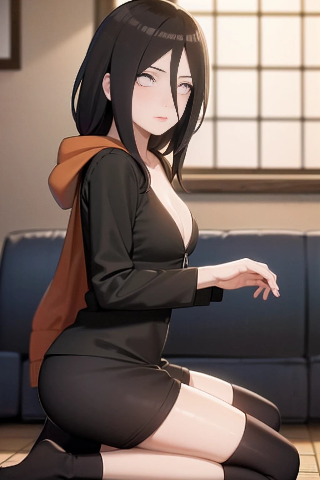 Masterpiece, Highly detailed, Best quality, 超高分辨率, 1girll, Solo, (Snow outside the window,By the fire,perspire,Be red in the face),(Medium breasts), Breasts, (Hana than Hinata:1), (black hoodie,black hoodie,Long black stockings,), cleavage, From the front side,sitted,on a sofa,Black eyes,White eyes white
