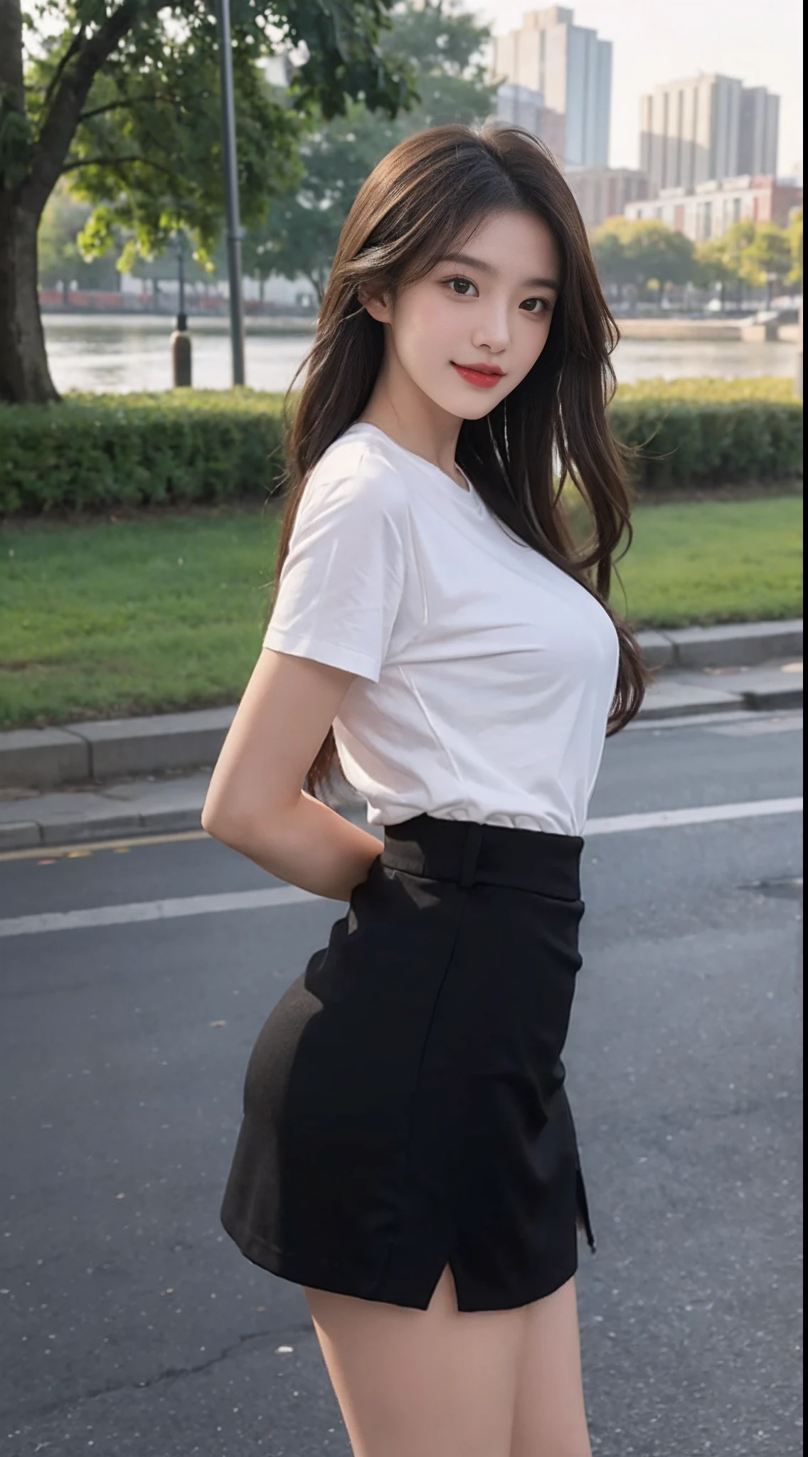 model shoot style,(The is very detailed的 CG unified 8k 壁纸),1个Giant Breast Girl,slender girl,ssmile,Best quality at best,(tmasterpiece:1.1),Watch by others,Brown hair long,Tight wrap T-shirt,Hosiery,White background wall,white backgrounid,A girl with long hair,Long brown wavy hair,a beauti,On the street by the Yan River,Wearing a black miniskirt,中景 the scene is,natta,There are moons,lipsticks,ssmile,Beautiful figure,slenderness,in a panoramic view,high definition detail,Hide your hands behind your back