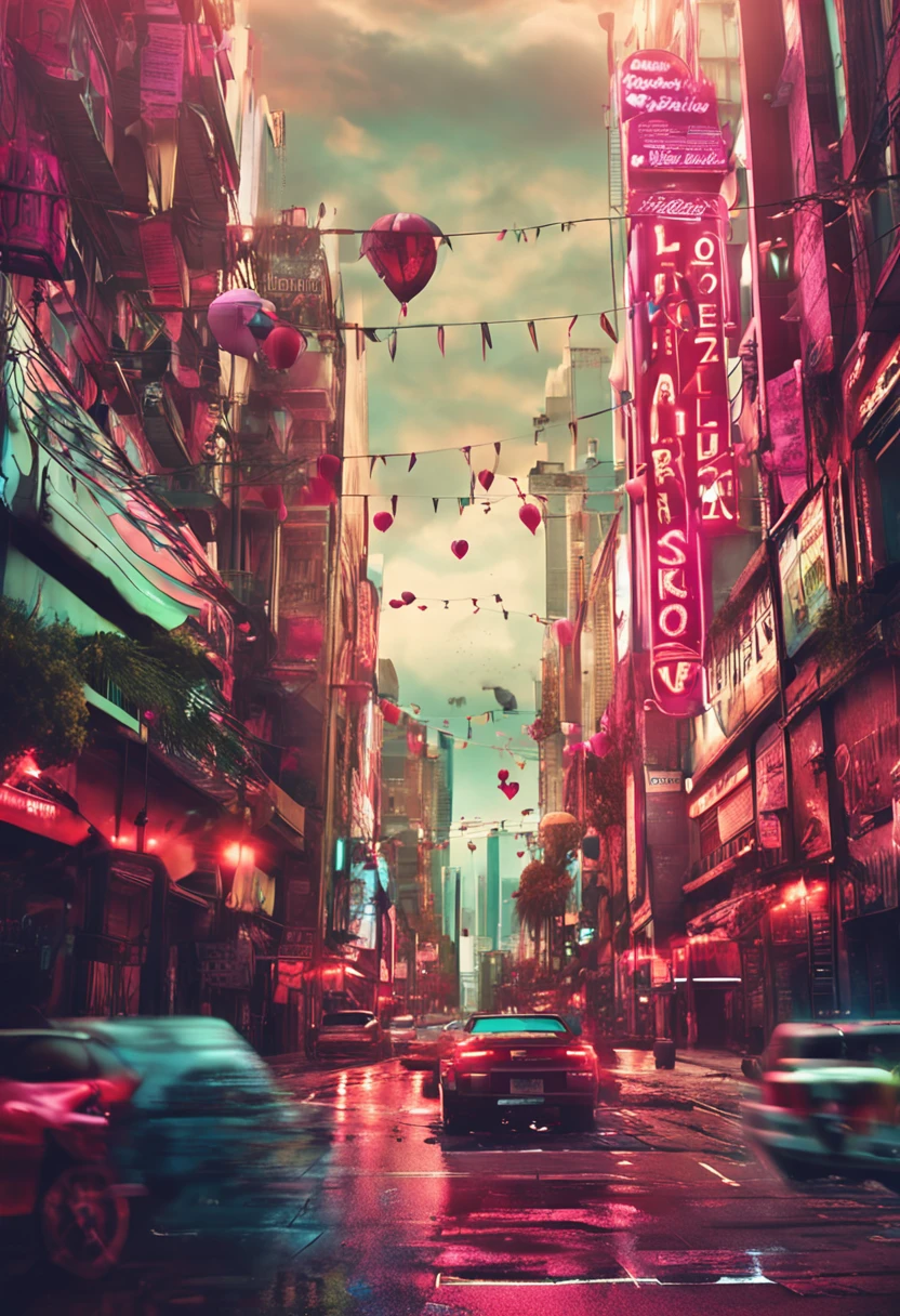 A close up of a city street with cars and neon lights - SeaArt AI