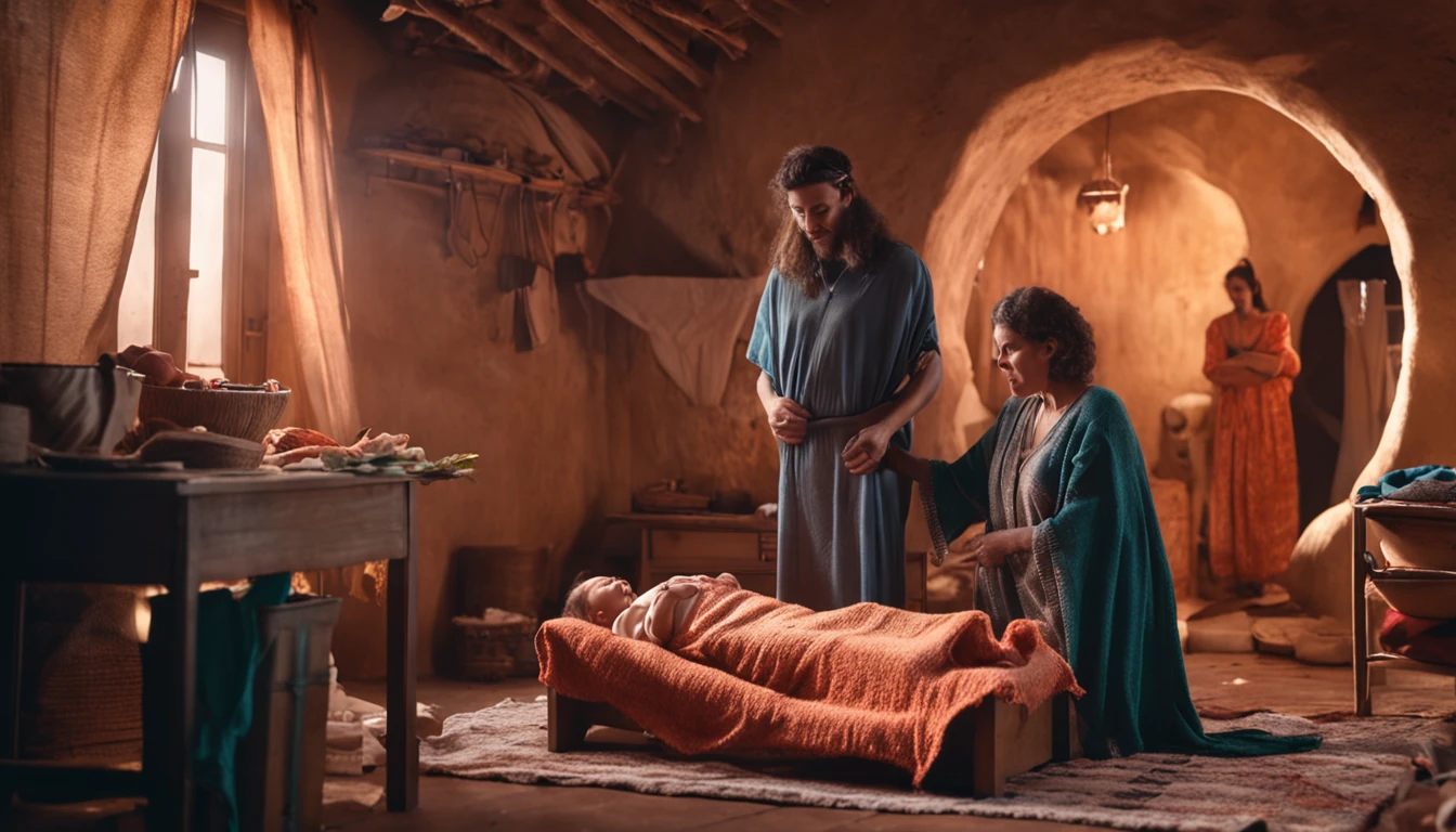 a woman in Israeli clothing in a scene of giving birth to a baby