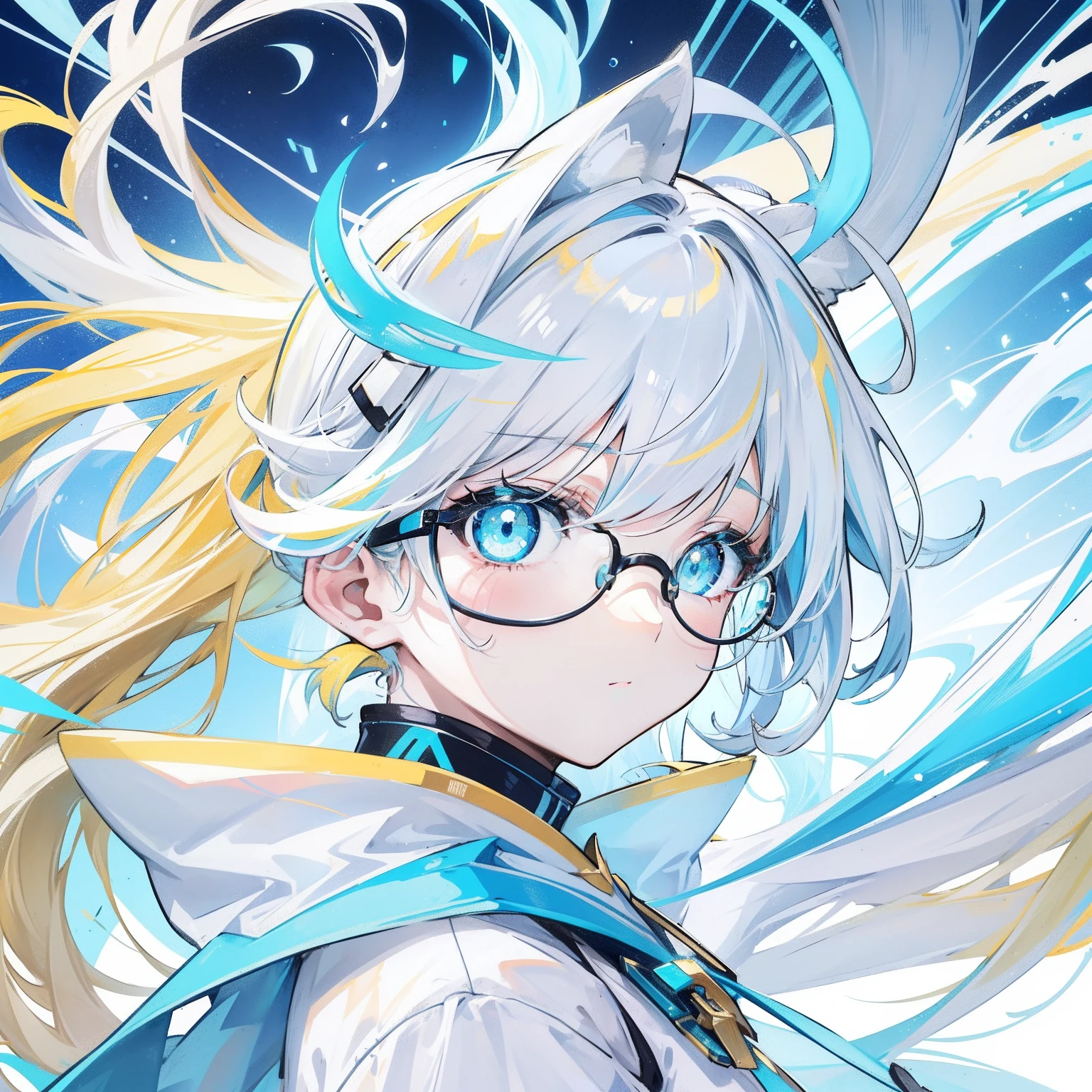 light blues,Yellow hair,Fluorescent milky white,Blue-pink pupils,Black thick-rimmed glasses,Yellow, Blue and white clothes,Super nice looking, Particularly sweet and cute female Aquaman,Light of faith