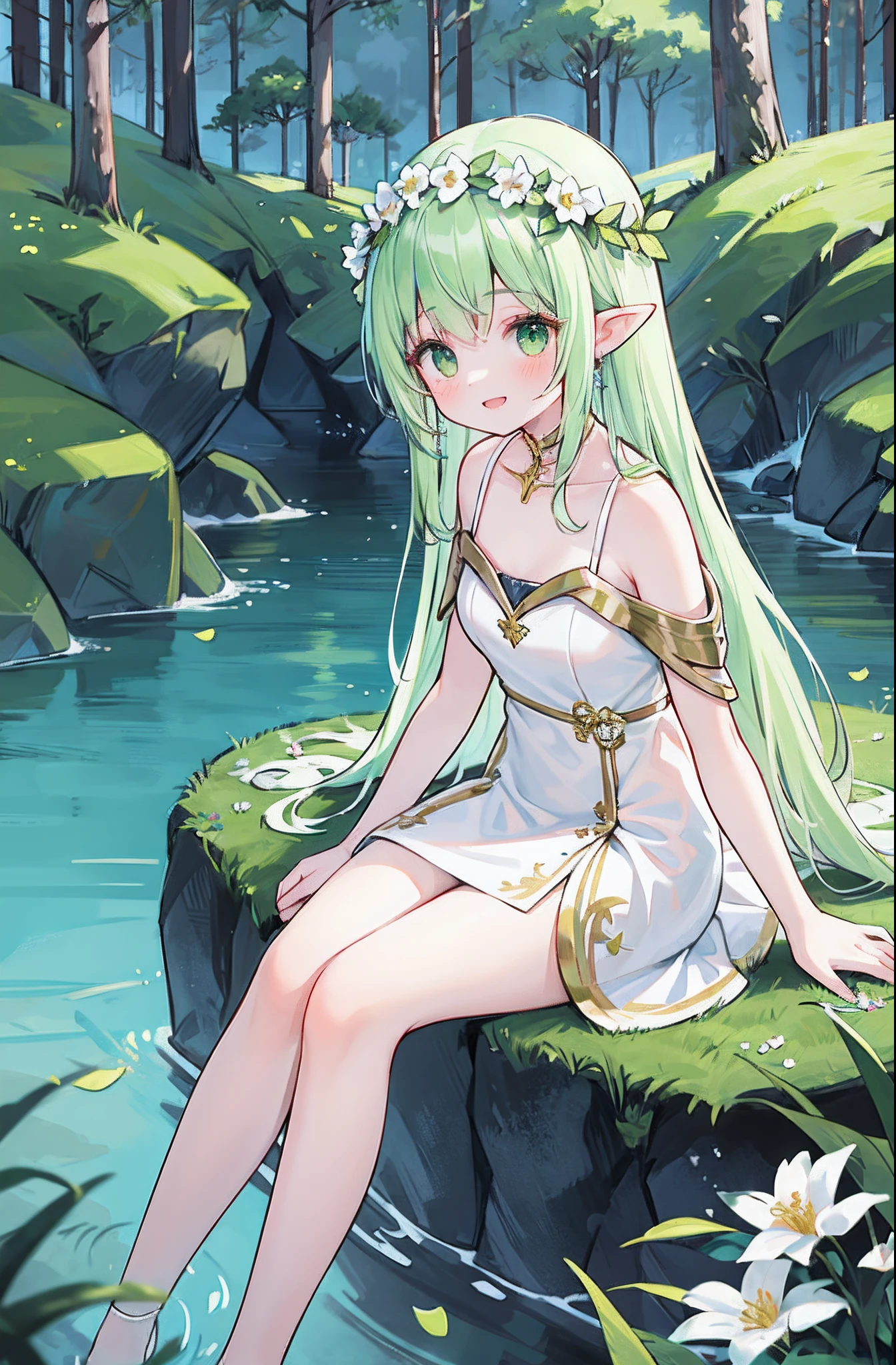 Anime girl in white dress standing in water with green eyes, white haired deity, cute anime waifu in a nice dress, whitedress!! silvery hair, anime goddess, nymph in the water, loli in dress, Genshin Impact, nahida, little chest,