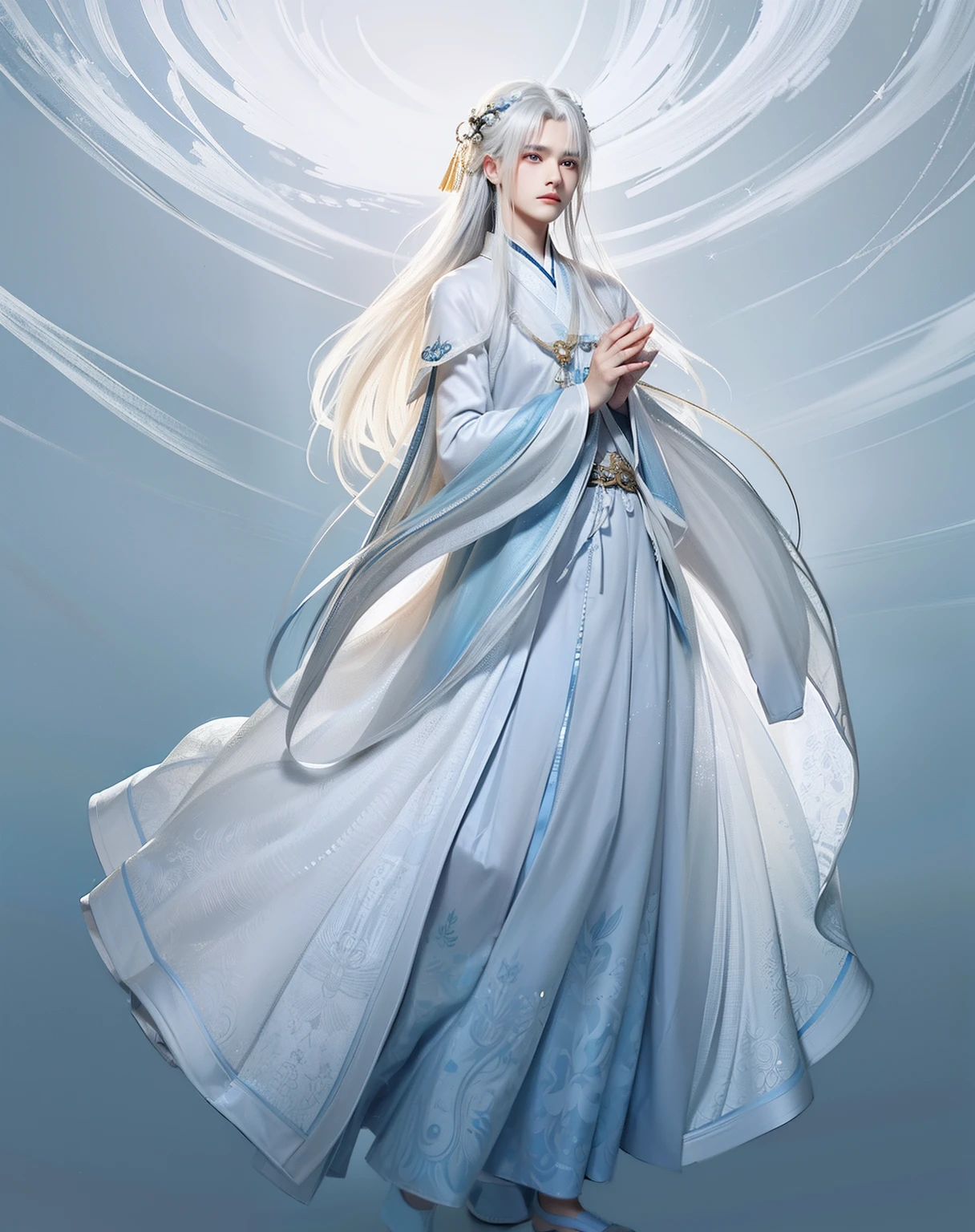 a drawing，One in a blue dress，White hair, Male youth, flowing hair and long robes, full-body xianxia, White-haired god, , Inspired by Qiu Ying, wearing a long flowing robe, Wearing a flowing cloak，Xian Xia Xiuzhen Taoism