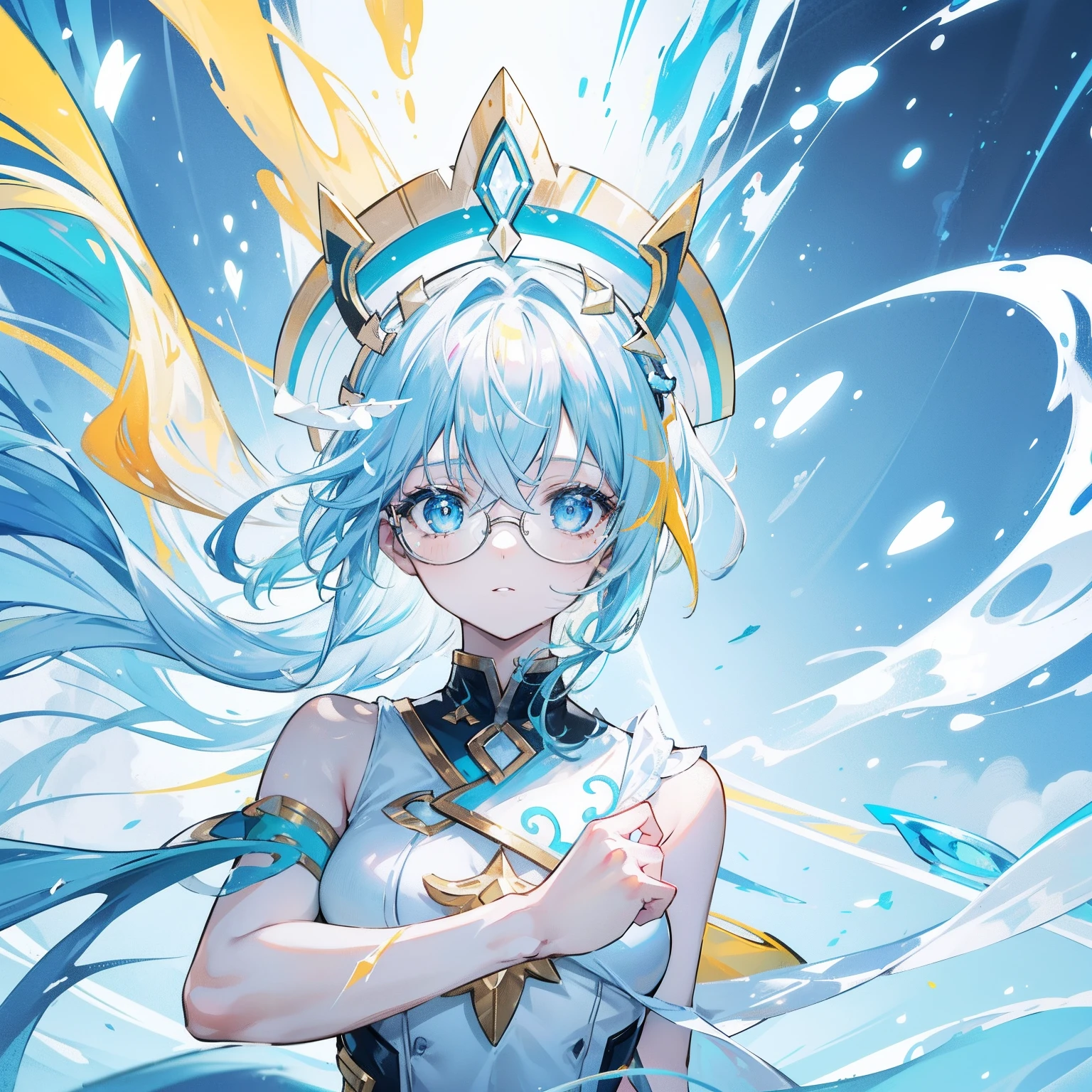 light blues,Yellow hair,Fluorescent milky white,Blue-pink pupils,Black thick-rimmed glasses,Yellow, Blue and white clothes,Super nice looking, Particularly sweet and cute female Aquaman,Light of faith