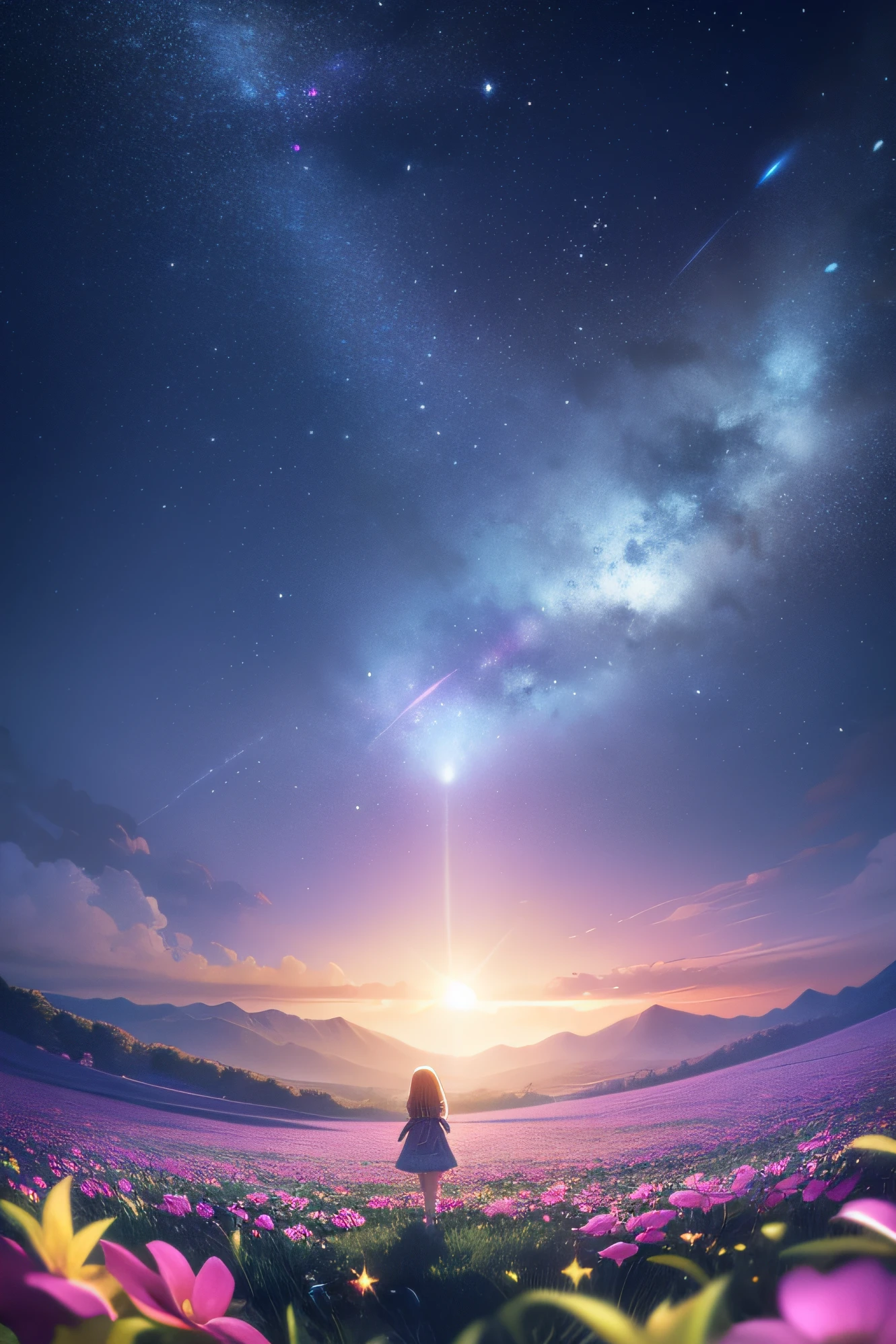 Expansive landscape photograph, (view from below with a view of the sky and the wilderness below), girl standing in a flower field looking up, (full moon: 1.2), (shooting star: 0.9), (nebula: 1.3), distant mountain, tree break production art, (warm light source: 1.2), (firefly: 1.2), lamp, purple and orange, intricate detail, volume lighting BREAK (masterpiece: 1.2), (highest quality ), 4k, ultra-detailed, (dynamic configuration: 1.4), highly detailed and colorful details (iridescent: 1.2), (sparkling lighting, atmospheric lighting), dreamy, magical, (solo: 1.2)