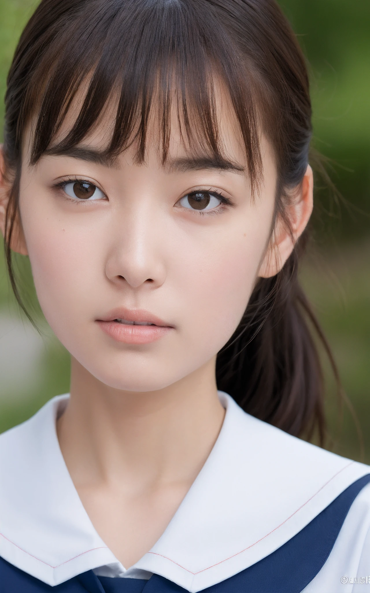 ((of the highest quality, 8K, masutepiece: 1.3)), Beauty, 1 Japan Girl, dark brown hair, choppy bangs, lower ponytail, detailed face, very detailed lips, Detailed eyes, Double eyelids, Sweaty skin: 1.2, sailor uniform, school uniform,