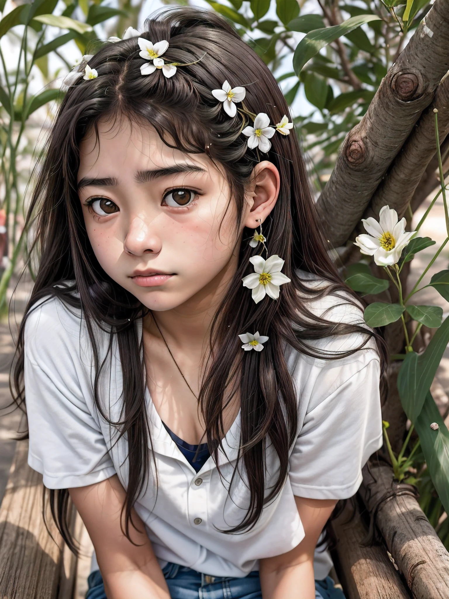 There's a young woman sitting on a bench talking on her cell phone, menina de cabelo preto vestindo capuz, menina vestindo capuz, retrato da menina deprimida, Um retrato de uma menina suicida, tired expression, portrait of a japanese teen, young asian girl, retrato do adolescente deprimido, de uma jovem japonesa, close up de uma jovem garota de anime, with a sad expression