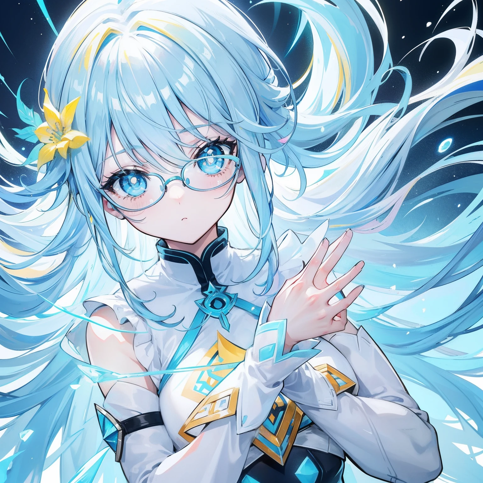 light blues,Yellow hair,Fluorescent milky white,Blue-pink pupils,Black thick-rimmed glasses,Yellow, Blue and white clothes,Super nice looking, Particularly sweet and cute female Aquaman,Light of faith