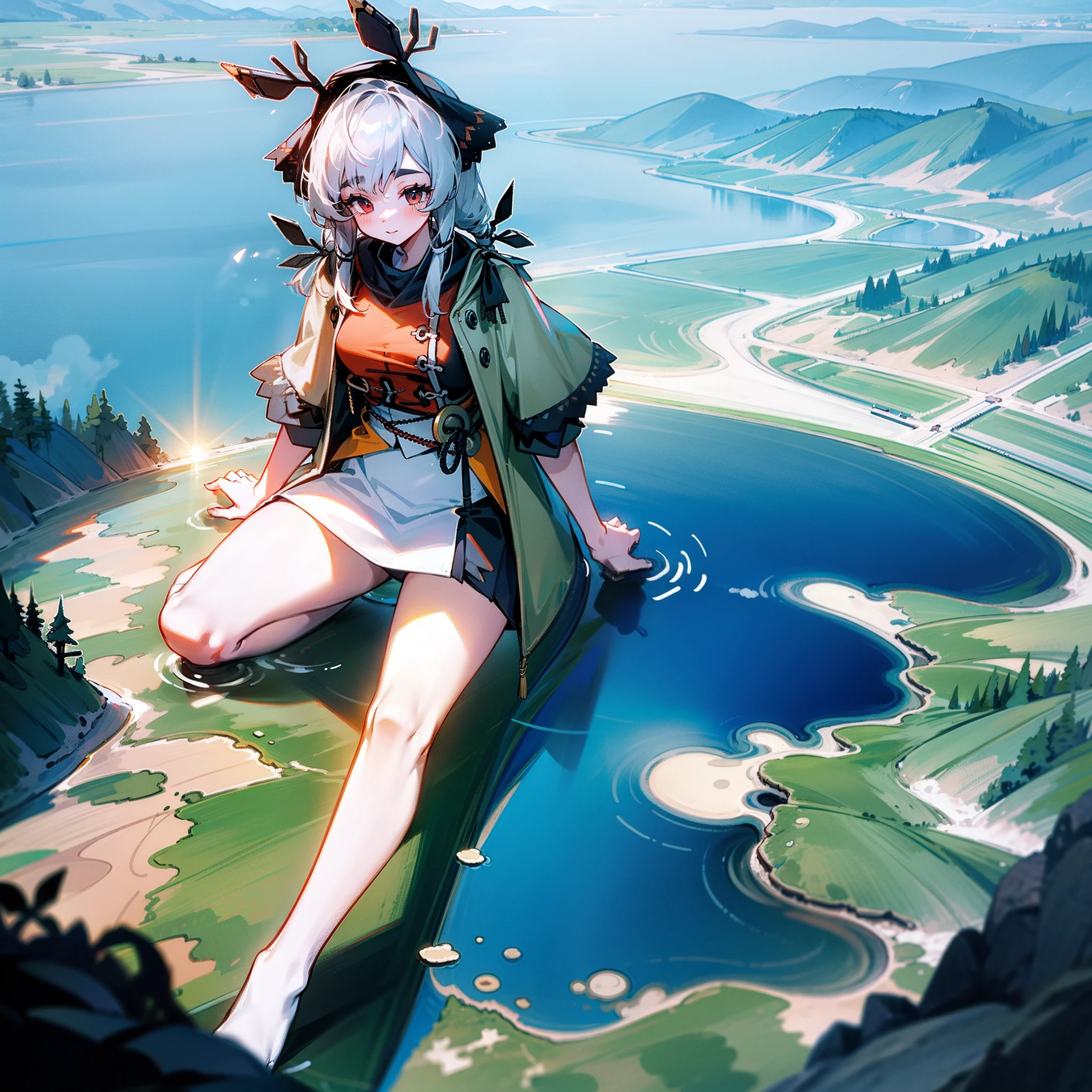 A female giant sat on a mountain and soaked her feet in lake water