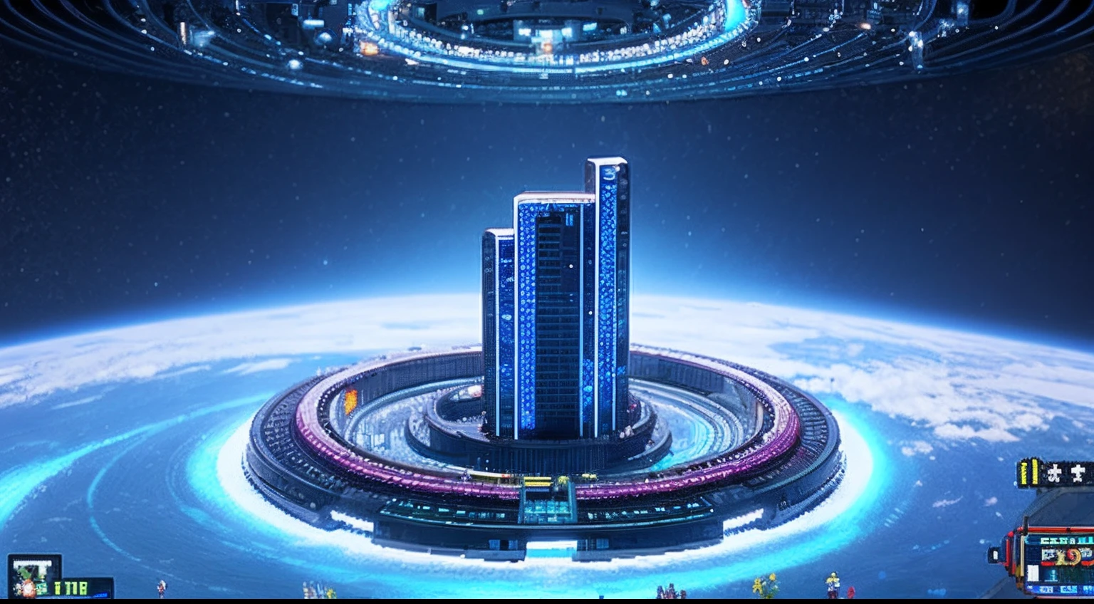 pixel game,scenography,Future sci-fi ring space city, Pixel art #pixelart