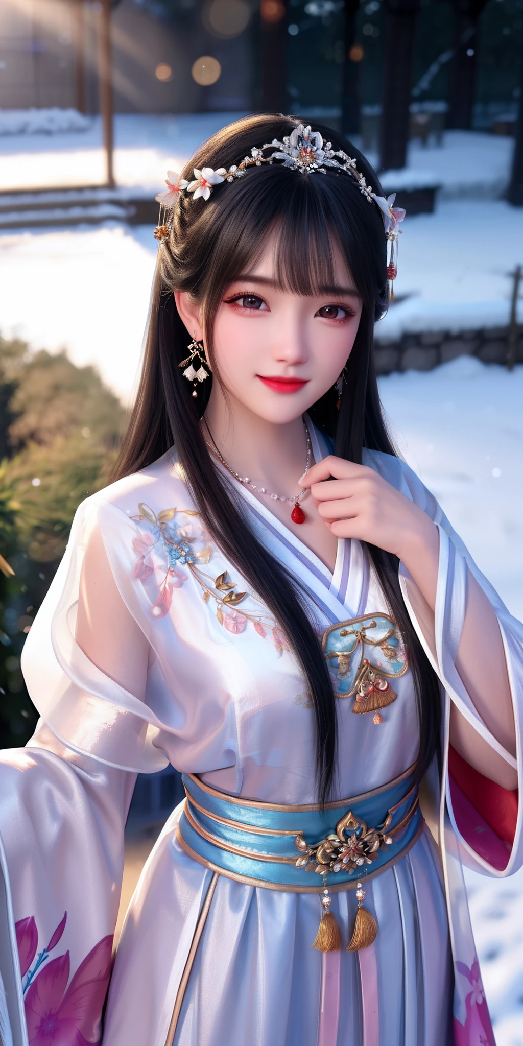 A woman in a white and pink dress posing for a picture - SeaArt AI