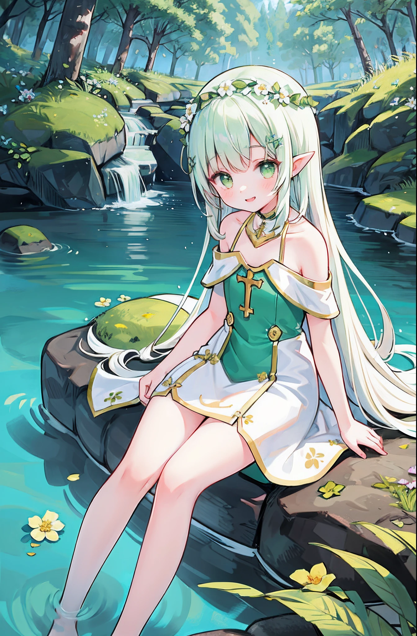 Masterpiece, best quality, illustration, colorful, landscape, fantasy, forest, 1girl, girly, face focus, skinny, bare shoulders, clavicle, detailed golden long hair, green eyes, pointy ears, holy smile , wreath, white dress, holy light, forest, sea of trees, flowers, sitting on the ground