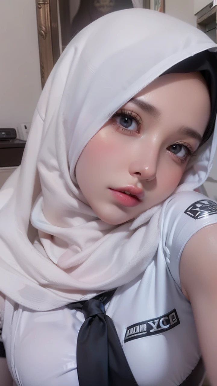 Nude arab muslim woman :1.2 with lindos olhos detalhados, beautiful detailed lips, and an rosto extremamente detalhado. She is wearing a silk Hijab:1.1 that shines in the sunlight. Corpo inteiro,Your Hijab is delicately wrapped around your head, vagina perfeita, vagina divertida.