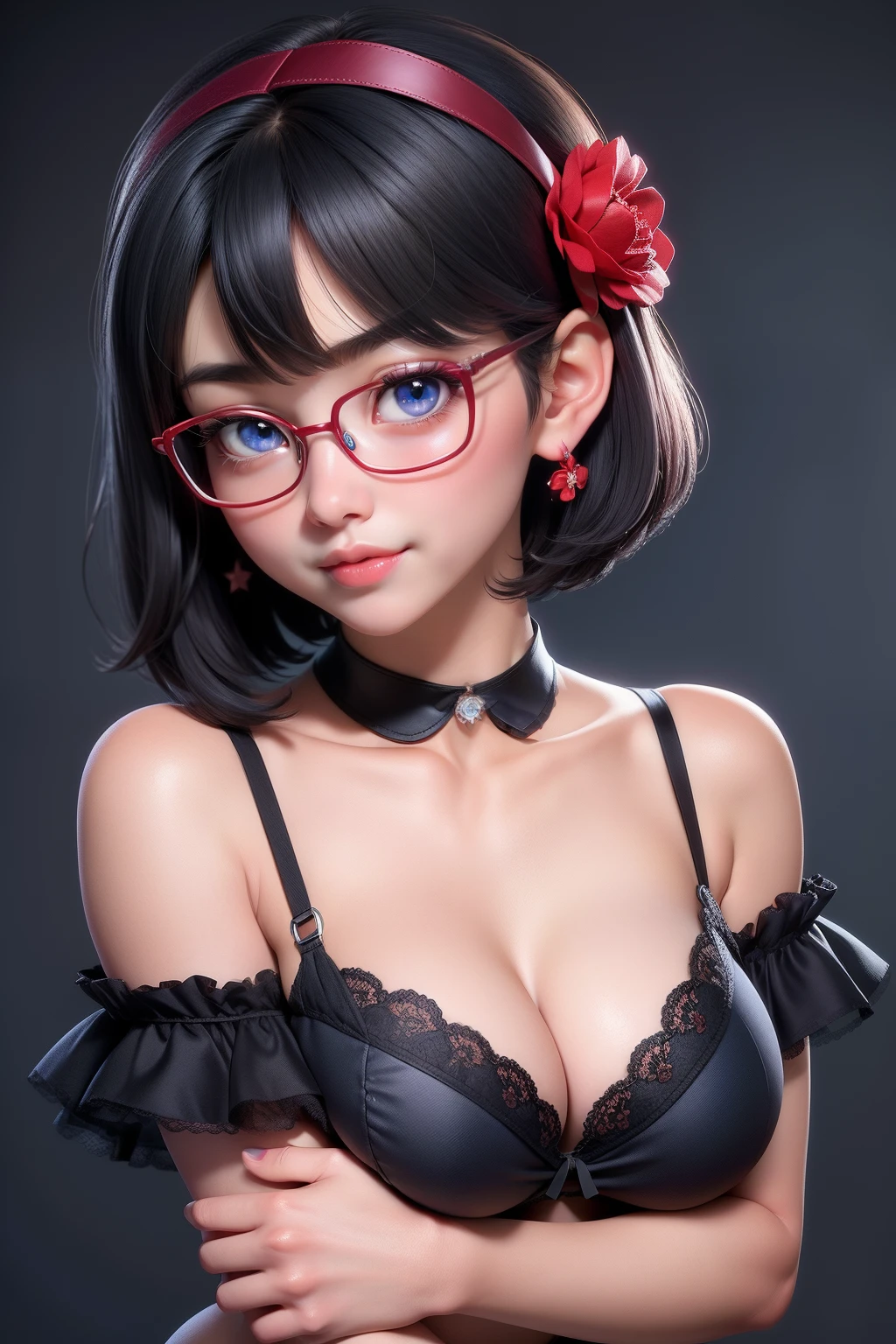 1girl, cute japanese girl, big eyes, sensual face, seductive smile, solo, short hair, erotic underwear, black color bra, detailed flower motive on bra, flower headband, collar, collarbone, red sensual lips, off shoulder, perfect round breast, small breast, cleavage, underboobs, erotic, nsfw, glasses, blush, seductive smile, cute face, looking at viewer, sexy pose, blue background, dark black hair, simple background, sexy pose, blue eyes, lips, closed mouth, ribbon, hair ribbon, stellar earings, bangs, upper body, parted bangs, red ribbon