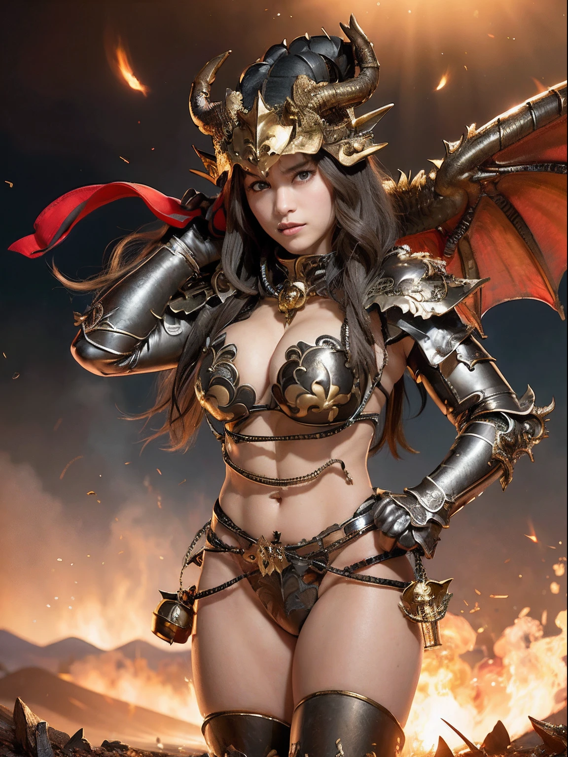 Professional , masterpiece、top-quality、photos realistic , depth of fields 、(Dragon Black Metal Body:1.9),(Mattretto、(cleavage of the breast)、Dragon Gold Weapon、(Micro Bikini Armor:1.4),Gorgeous gold weapons ,Particles of light、Particles of light、(( Dragon's dense and gorgeous sword)) , (demonic wings)、((a blond))、(Castle background)、Fight dragons、((Gangle's forest background))、Take intense poses、Beautiful Caucasian beauty、1a person、dynamic ungle,(((Detailed and ornate dragon helmet)))、Smaller head、A smile、Castle background、Thin and beautiful female hands、cleavage of the breast、Soldier in iron armor on background、Mystical expression、Light Effects、intense fighting、Wind-effect、magic circles、With the legendary magic wand、Dragon's tail、explosions、