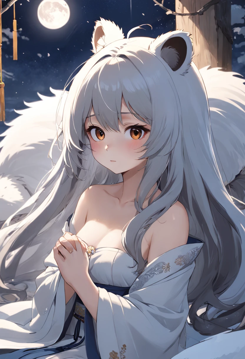Tanuki sat on the bed,Covered with a thin quilt,Her long hair was draped behind her shoulders,The silver moonlight blocked a layer of holy light on Tanuki Youwei's delicate little face,Under the slender neck like a swan is a delicate snow-white collarbone,The side of the white sling slips off,The angle of the photo can clearly see a snow color and a touch of depth。Raised sexy,high qulity