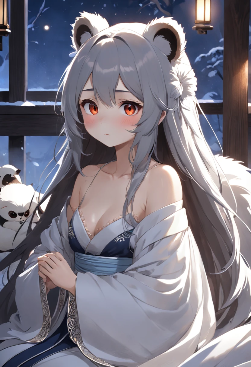 Tanuki sat on the bed,Covered with a thin quilt,Her long hair was draped behind her shoulders,The silver moonlight blocked a layer of holy light on Tanuki Youwei's delicate little face,Under the slender neck like a swan is a delicate snow-white collarbone,The side of the white sling slips off,The angle of the photo can clearly see a snow color and a touch of depth。Raised sexy,high qulity