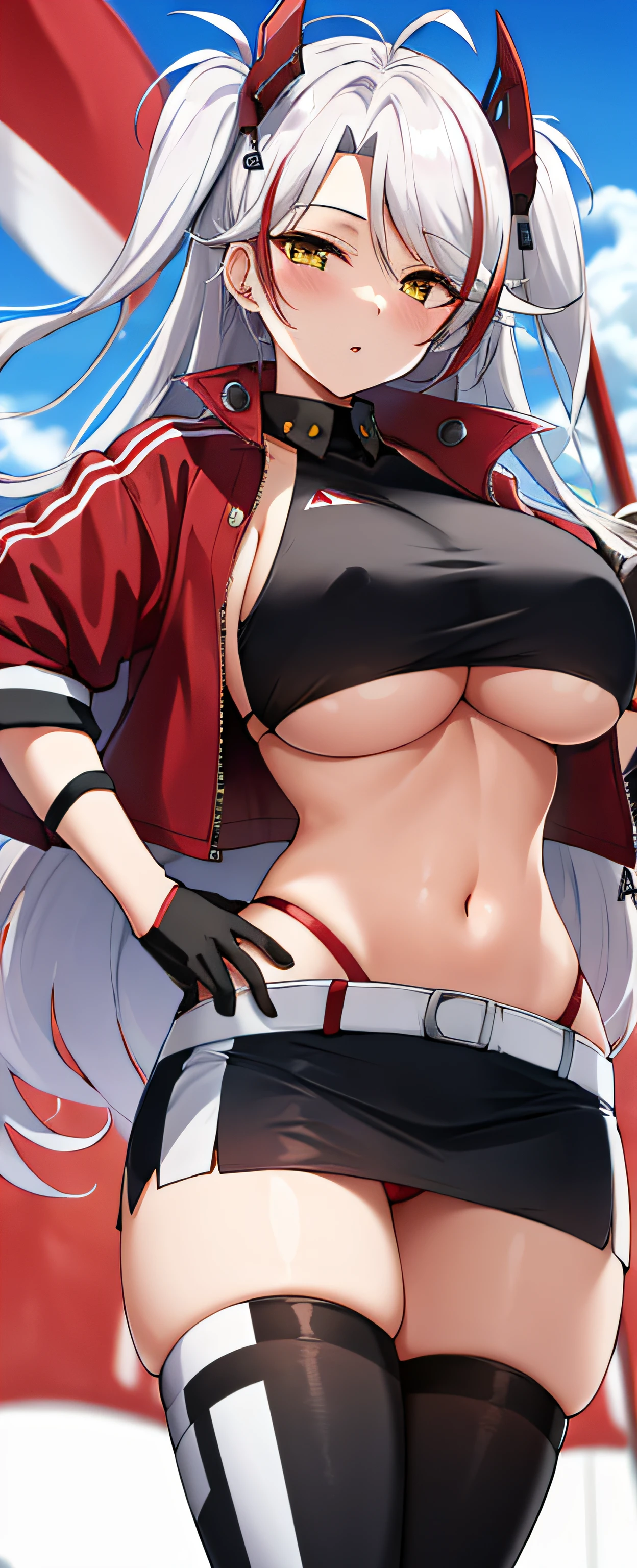 masutepiece, Best Quality, PrinzV4, 1girl in, Solo, Long hair, breasts, Looking at Viewer, Skirt, Large breasts, gloves, Navel, Holding, Jacket, Yellow eyes, White hair, Red hair, multicolored hair, Open your clothes, Black Gloves, Open jacket, official alternate costume, striated hair, Black jacket, put hands on the hip, underboob, Headgear, a flag, Red panties, Race Queen, Pending Flag,Poses that emphasize breasts、top-quality