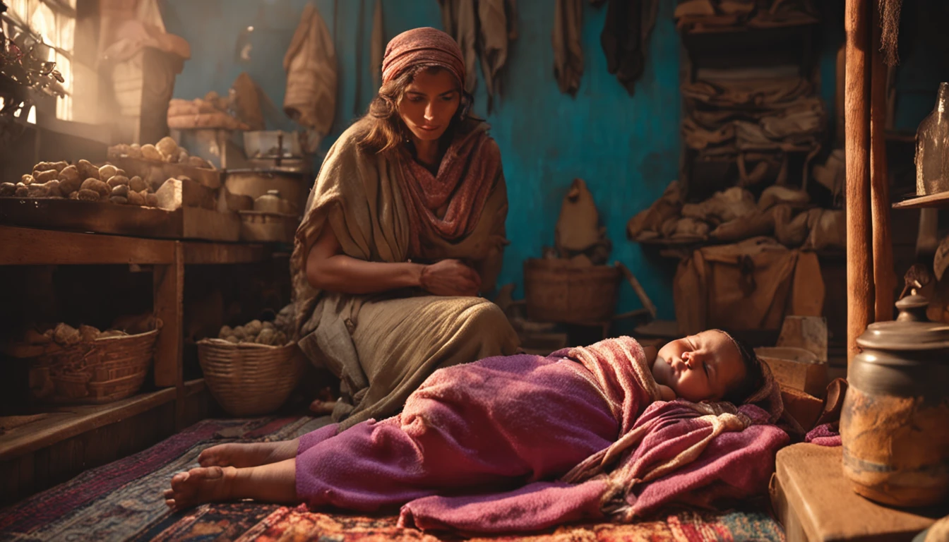 a woman in Israeli clothing in a scene of giving birth to a baby