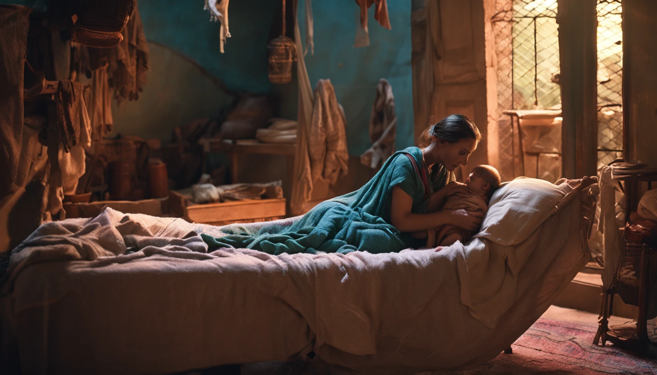 a woman in Israeli clothing in a scene of giving birth to a