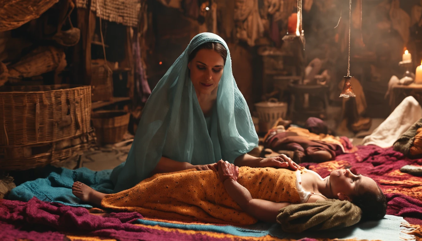 a woman in Israeli clothing in a scene of giving birth to a baby