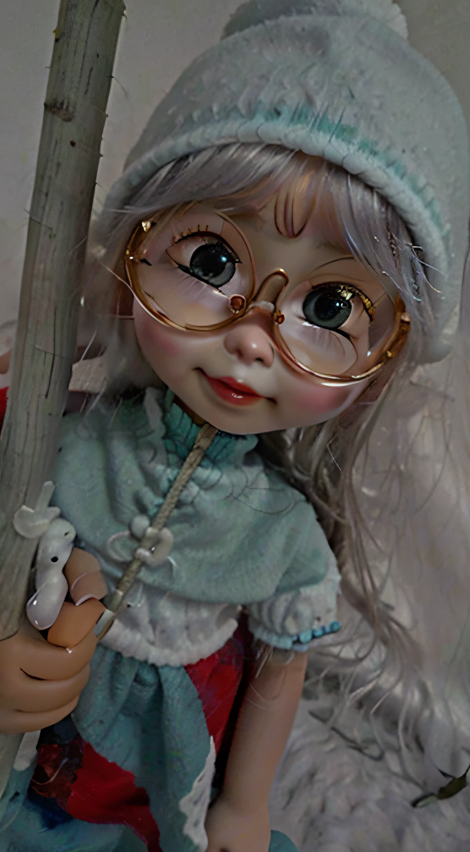 There is a doll with glasses and a hat holding a stick, Rankin Bass Stop Motion de 1960, Personagem de stop motion, Pixar Doll Foco Profundo, A boneca Mekanik, como um personagem claymation, Yoko Taro, Personagem Claymation, Um retrato de um elfo, Personagem de close up, elfo com pele azul, inspirado em Hilda Annetta Walker