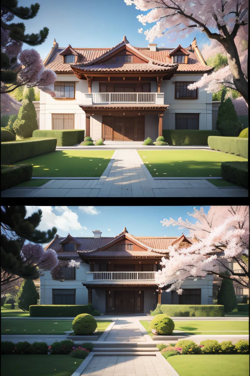 Draw a huge villa with a yard,Have cherry blossoms,Three stories high,