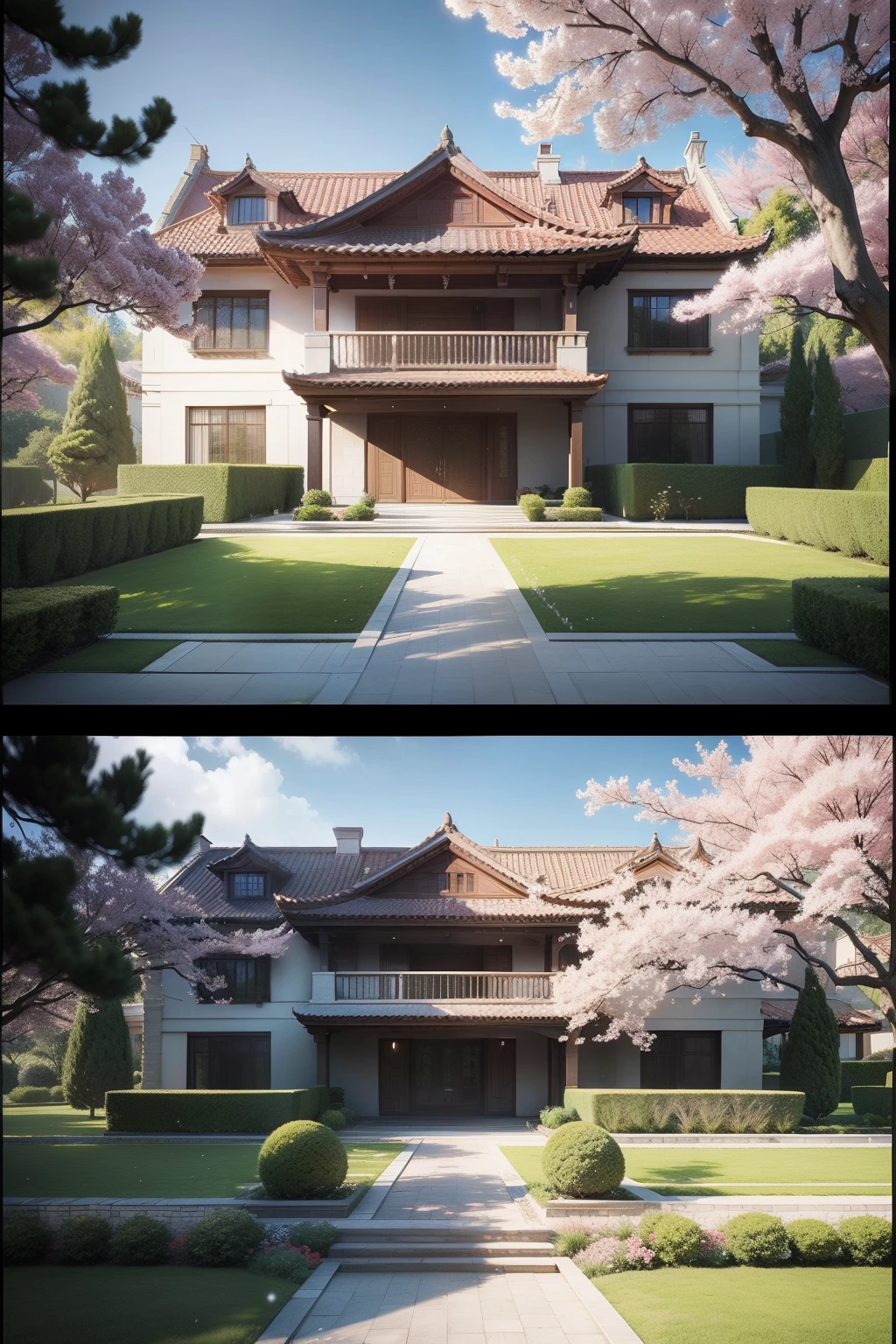 Draw a huge villa with a yard,Have cherry blossoms,Three stories high,