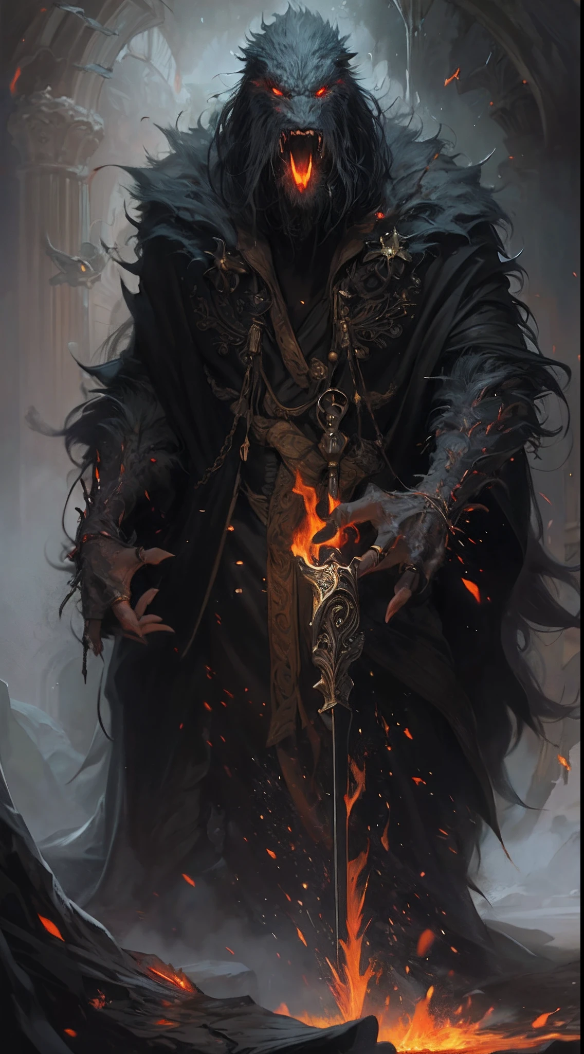 ultra detallado, beautiful and aesthetic, Beautiful, obra maestra , misterio , atmospheric , genial , sobrenatural , La mejor calidad , cueva , 1 hombre , 1 demonic monster , monstruo muy grande , Hombre matando monstruo , The man has a long black hooded robe , He can use magic , El monstruo tiene un cuerno muy grande , Monstruo respira hacer fuego , El hombre tiene una gran espada brillante , fantasy sword , 4 Little monster around the big monster , Magma alrededor del campo de batalla , The battlefield is in Cavern , Toda la cuevaa en llamas , La espada del hombre brilla , Acantilado de mayo y roca en Caverna , Caverna en llamas , (Caverna ultra detallada) , (Magma ultra detallado) , (Cara de hombre ultra detallada) , (Espada ultra detallada) , (Monstruo ultra detallado)