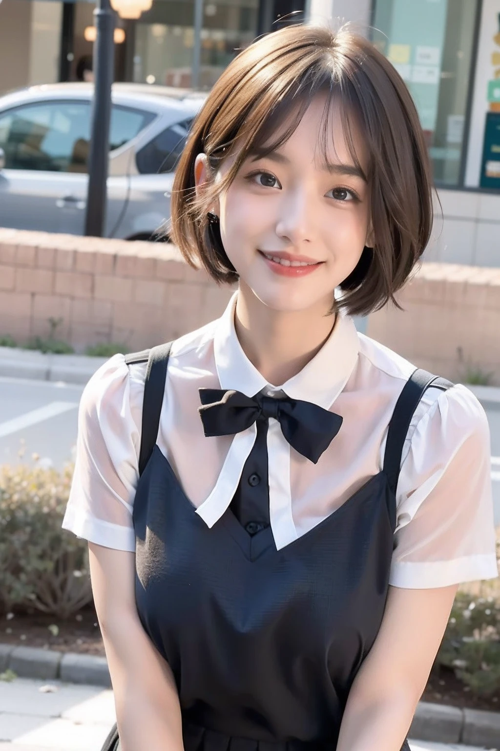 (8K, RAW photo, Best Quality, Masterpiece: 1.2), (Realistic, Photorealistic: 1.37), Ultra HD, 1 girl, Cute, Solo, Beautiful sky, Detailed cafe, Night, Sitting, date, (nose lip), (smile: 1.1), (closed), medium breasts, beautiful eyes, (collared shirt: 1.1), bow tie, pleated skirt, (short hair: 1.2), floating hair