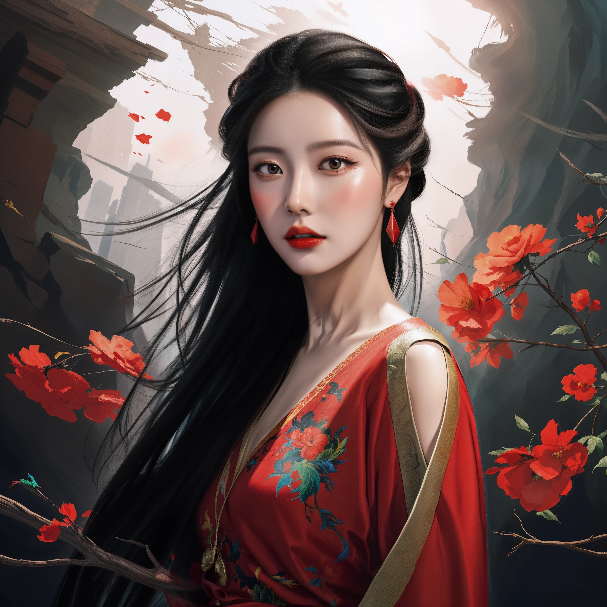 Draw a woman with long black hair and a red dress, Beautiful character painting, beautiful digital painting, Spastic Painting wind, By Li Song, by Yang J, Guviz-style artwork, Gorgeous digital painting, Beautiful digital artwork, beautiful fantasy art portrait, author:Fan Qi, A beautiful artwork illustration, author:Zhang Han, WLOP Art