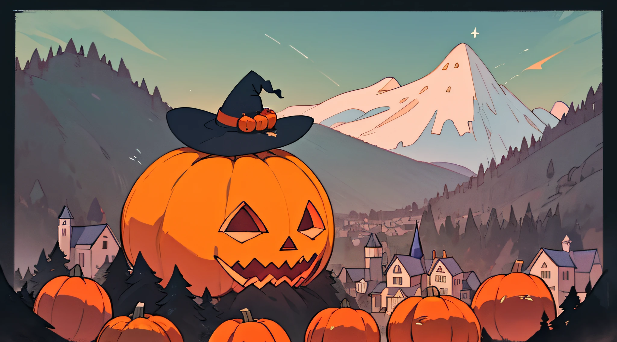 a mountain that on top has a pumpkin house that has a witch's hat