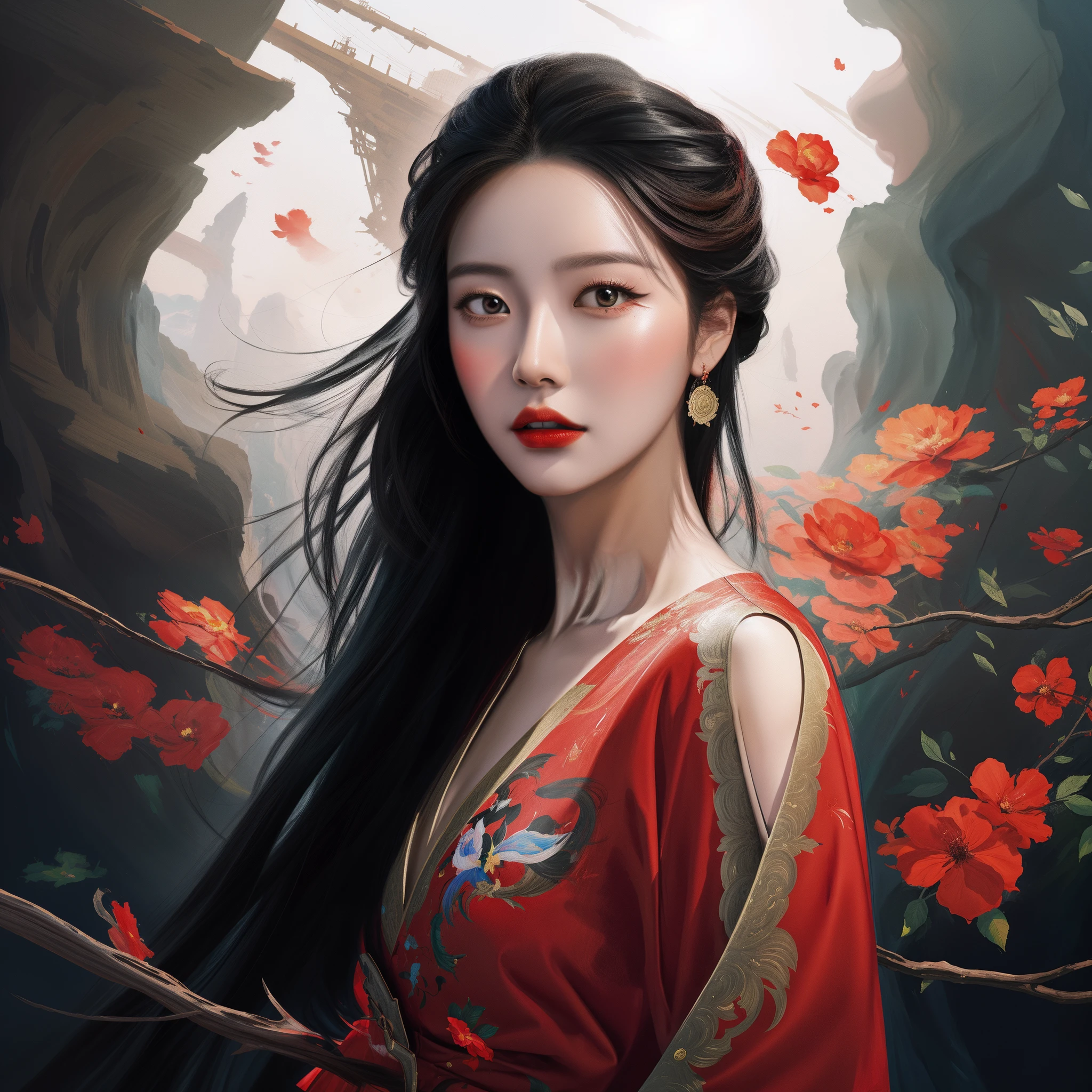 Draw a woman with long black hair and a red dress, Beautiful character painting, beautiful digital painting, Spastic Painting wind, By Li Song, by Yang J, Guviz-style artwork, Gorgeous digital painting, Beautiful digital artwork, beautiful fantasy art portrait, author:Fan Qi, A beautiful artwork illustration, author:Zhang Han, WLOP Art