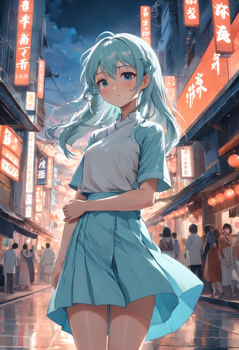 Women have small facial features,She wears a light cyan long skirt,A pair of white mid-heel sandals makes a woman's already tall figure more slender,Yingying's small waist made people can't help but hug it in his arms,The hair is coiled at the back of the head,With a gentle smile on his face。