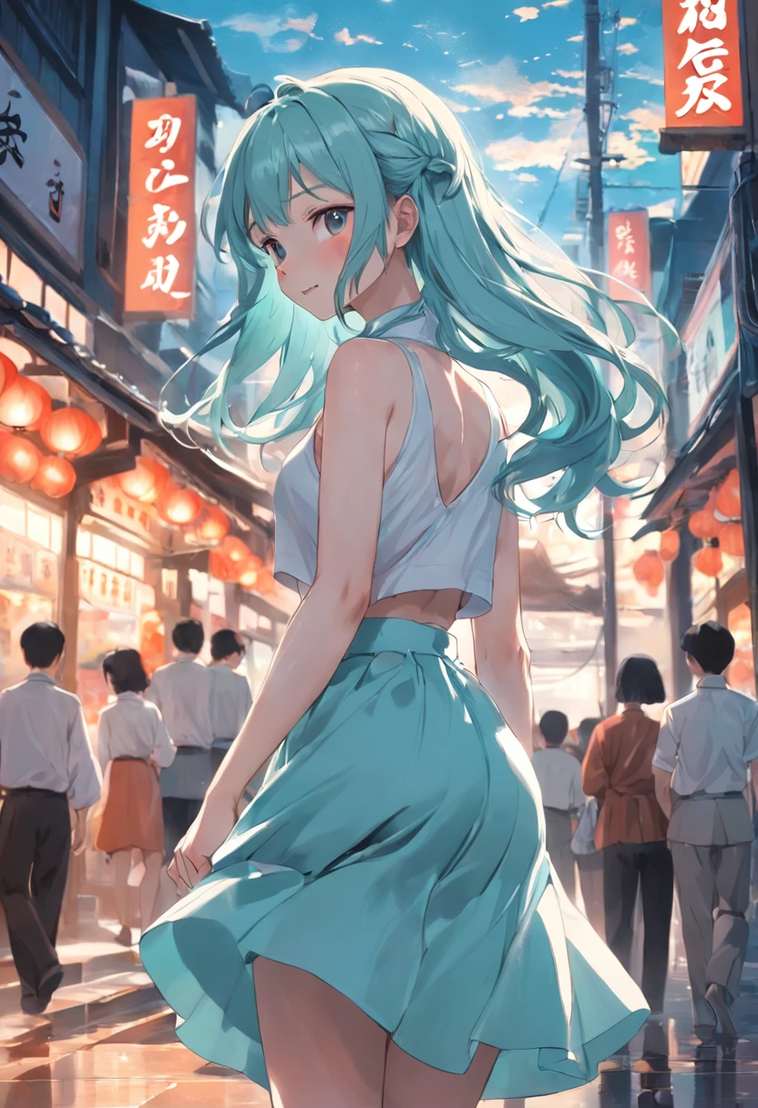 Women have small facial features，She wears a light cyan long skirt，A pair of white mid-heel sandals makes a woman's already tall figure more slender，Yingying's small waist made people can't help but hug it in his arms，The hair is coiled at the back of the head，With a gentle smile on his face。