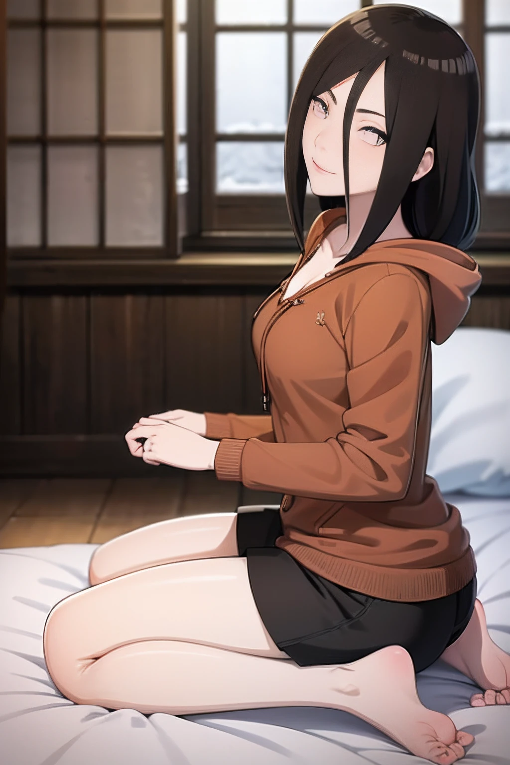Masterpiece, Highly detailed, Best quality, 超高分辨率, 1girll, Solo, (Snow outside the window,By the fire,perspire,Be red in the face),(Medium breasts), Breasts, (Hana than Hinata:1), (inside dojo),(black hoodie,Long black stockings,sit on a bed,Kneeling,围巾), cleavage, From the front side,Sat down,Black eyes,White eyes white