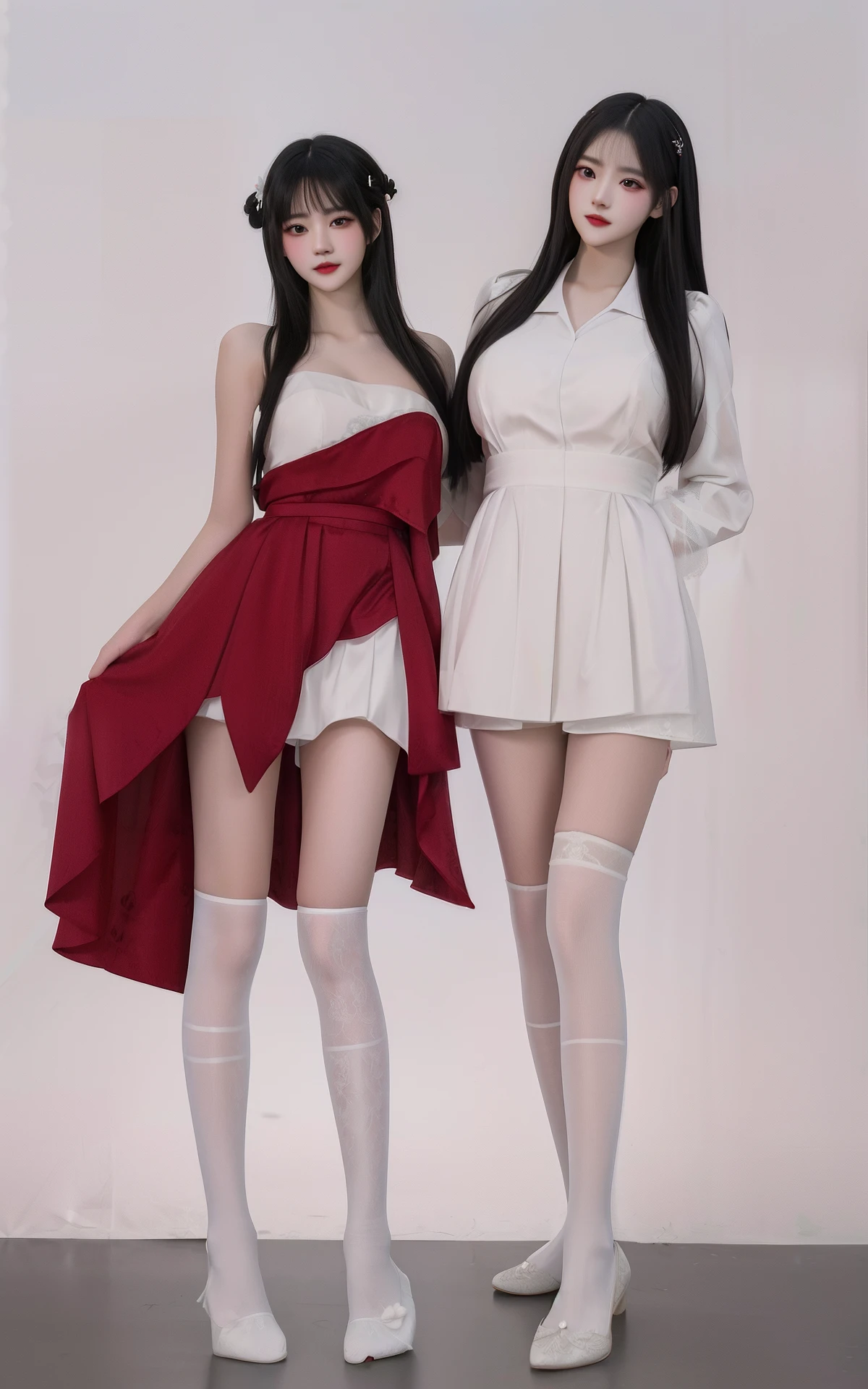 Two women in white dresses and red stockings pose for a photo, inspired by Wang Duo, white and red dresses, nixeu and sakimichan, red velvet, full-body xianxia, shaxi, two models in the frame, concept photoset, trending on cgstation, high - end fashion photoshoot, inspired by Gao Cen, wearing white clothes
