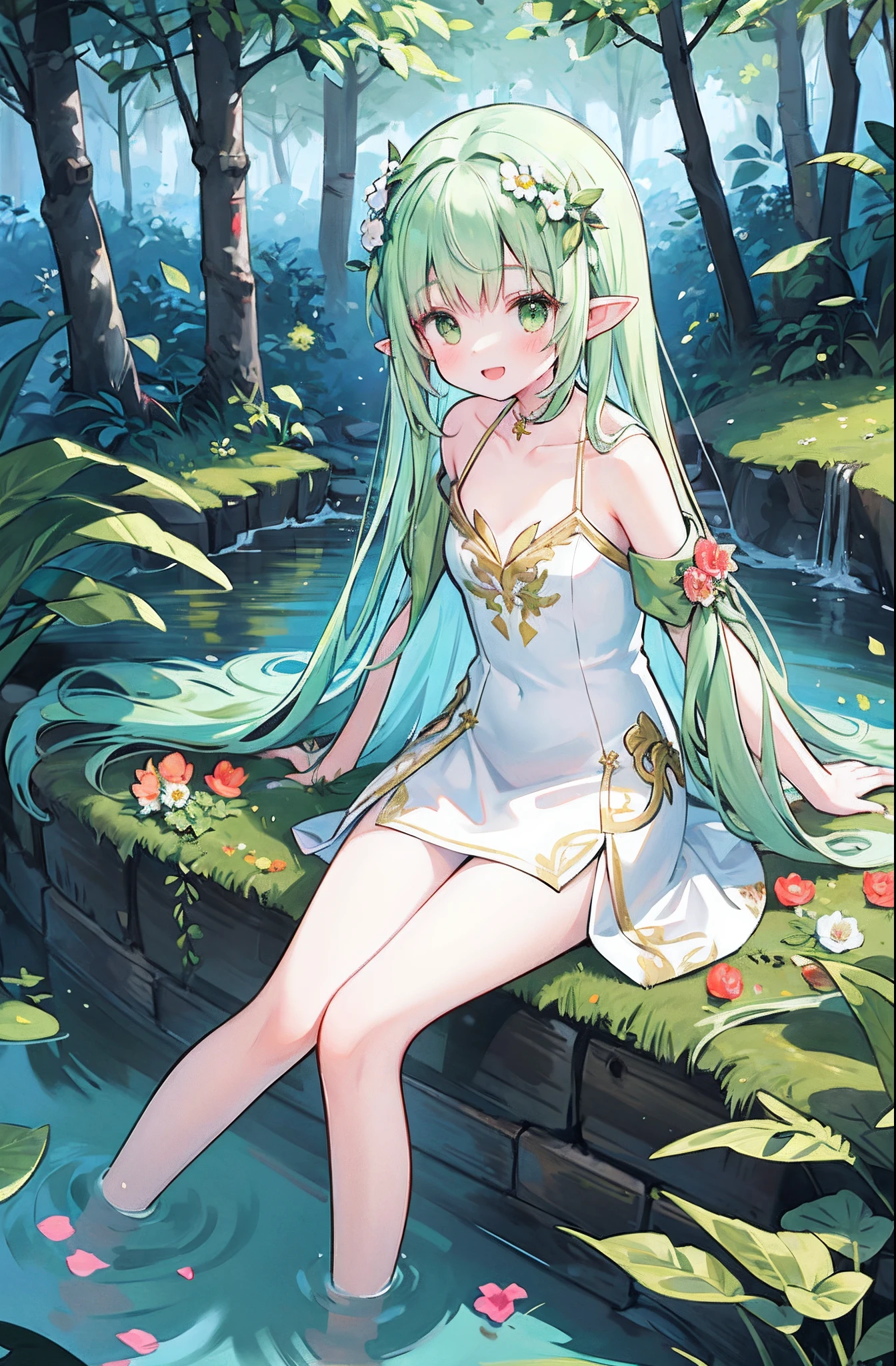 Create a high-quality animated image of a beautiful female elf character set in a fantasy swimming pool. She has long, flowing aqua green hair, adorned with shells and pearls. Her eyes are a sparkling blue, reflecting the shimmering water. Her graceful, pointy elven ears add to her mystical charm.

She wears a stylish, revealing swimsuit, with coral and shell accents.

The setting is a magical pool of crystal clear turquoise water, surrounded by lush, enchanting vegetation. Floating lily pads and tiny, glowing fish swim about.
The character is floating on a colorful float, seen from above. She looks up at the viewer with a playful, seductive smile. Her legs are slightly spread apart, highlighting her relaxed, sexy pose. Sunlight sparkles on her wet hair and clothes, creating a warm and seductive atmosphere. The overall ambiance should be seductive and sensual, capturing the beauty and mystique of a dreamy poolside setting.　（fashion） model posing