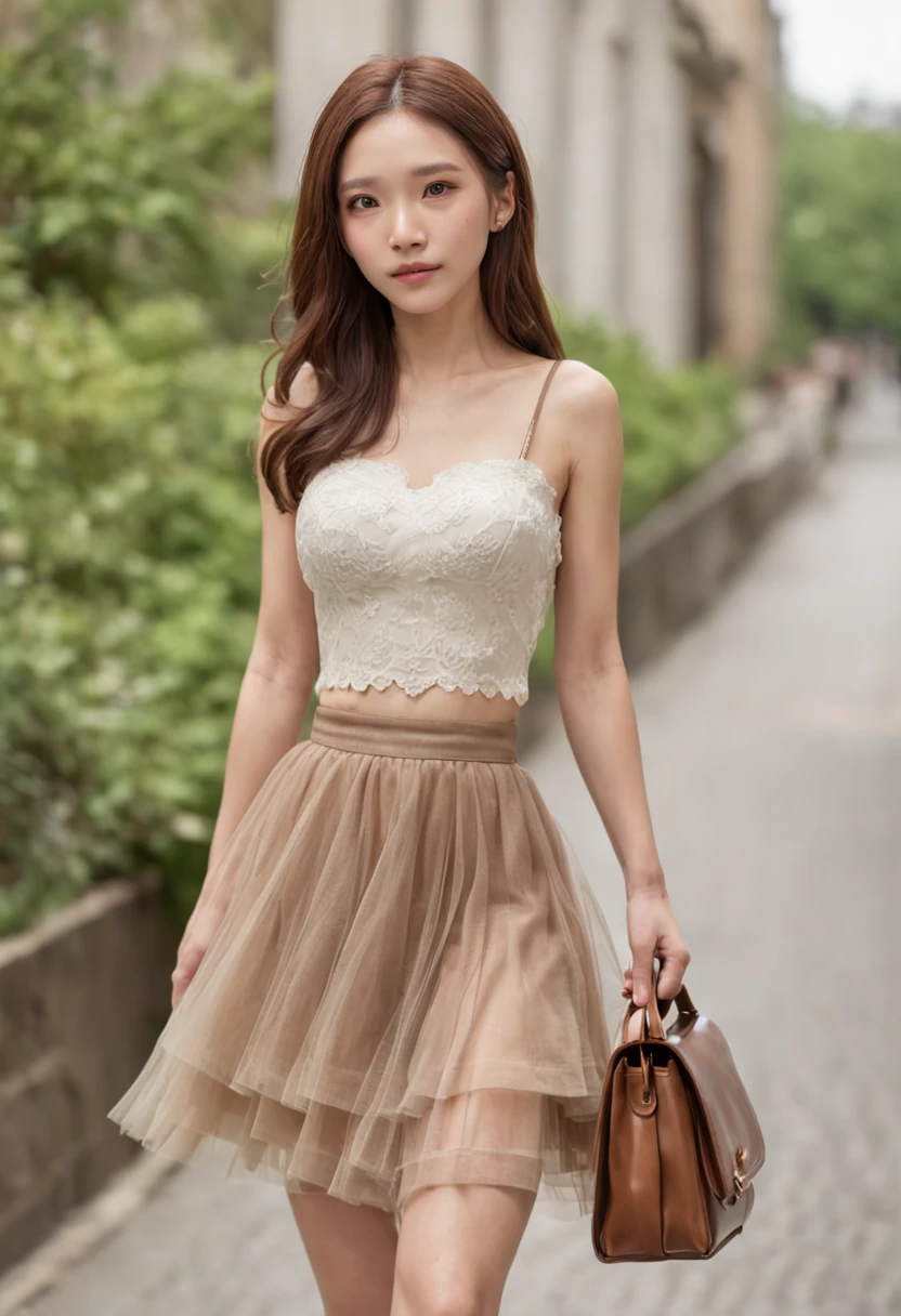 Delicate brown hair,Slender woman、A slight smil、Green tube top、Light cream tulle skirt。Brown booties、One Shoulder Bag、Walk straight、Super Detail,Anatomically correct、Ray traching,细致背景、