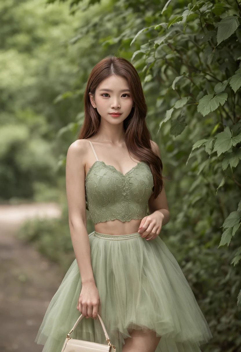 Delicate brown hair，Slender woman、A slight smil、Green tube top、Light cream tulle skirt。Brown booties、One Shoulder Bag、Walk straight、Super Detail，Anatomically correct、Ray traching，细致背景、