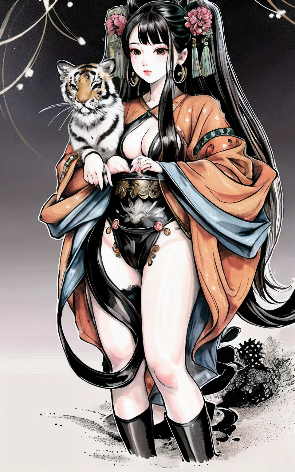 an ancient Chinese goddess, guanyin of the southern seas, Guanyin, Inspired by India, Avalokiteshvara rides a tiger，,Serene expression,shui mo hua,Buddha,Buddhist,Lotus,Chinese painting style,Thangka style, nsfw, muton