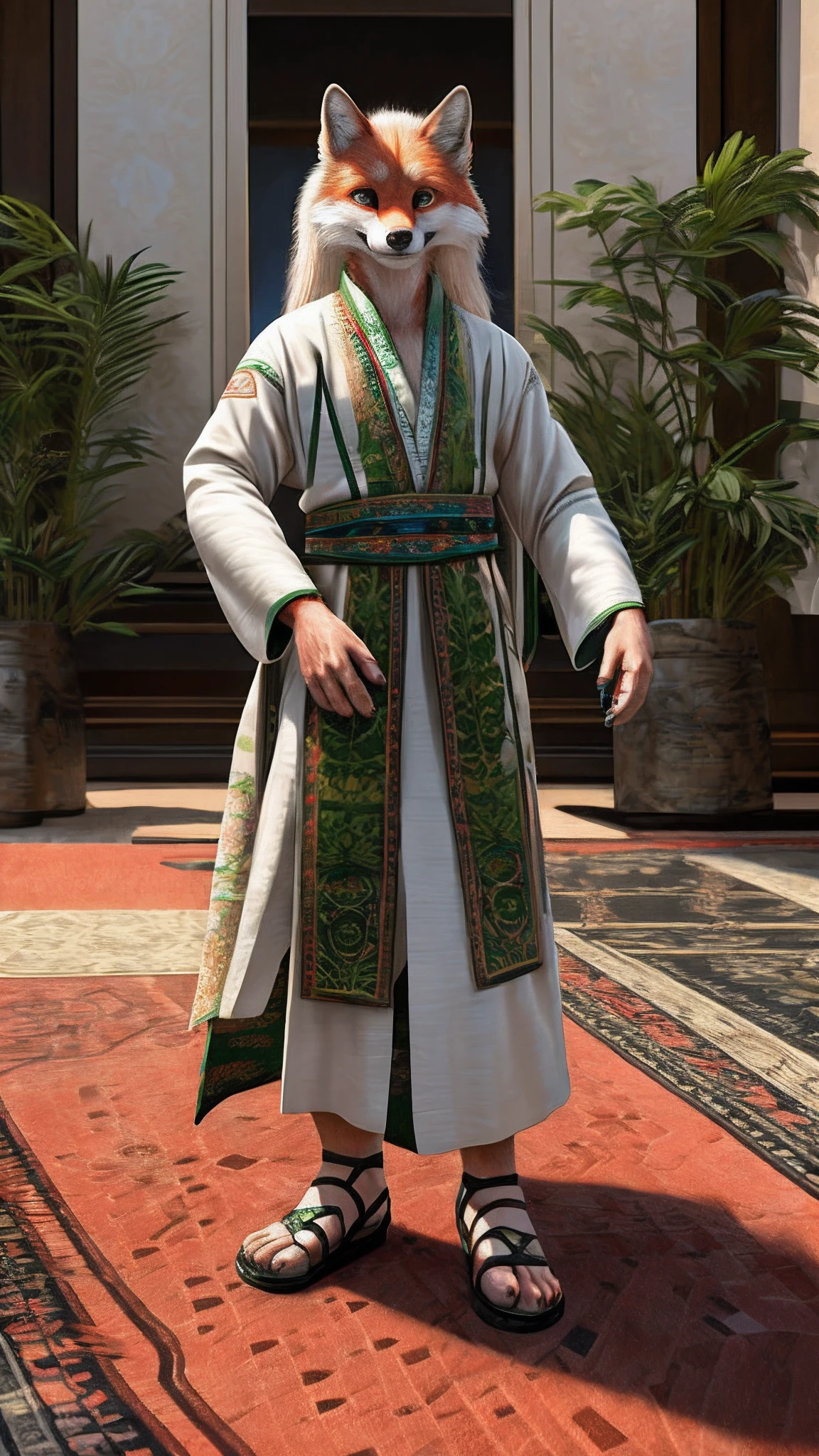 Bionic Fox，female，White Hanfu，sandals，Children，Standing on the carpet in the hotel，HD graphics，Detailed and realistic，high detal，high qulity，photo-realistic，photorealistic eye，Detailed paws，Clear eyes，Masterpiece artwork，Five-fingered hands，top-quality，32k，hyper HD