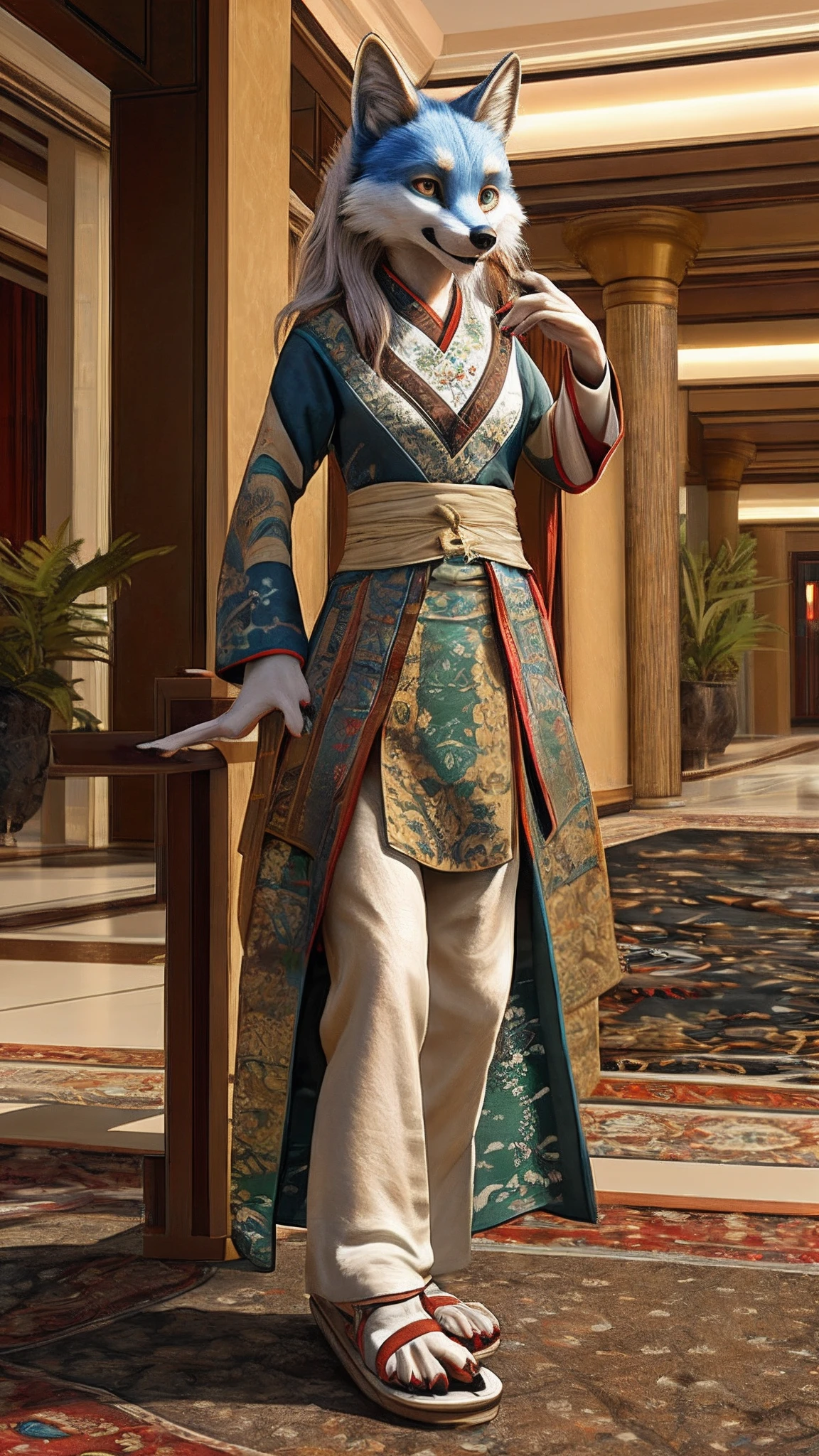 Bionic Fox，female，White Hanfu，sandals，Children，Standing on the carpet in the hotel，HD graphics，Detailed and realistic，high detal，high qulity，photo-realistic，photorealistic eye，Detailed paws，Clear eyes，Masterpiece artwork，Five-fingered hands，top-quality，32k，hyper HD