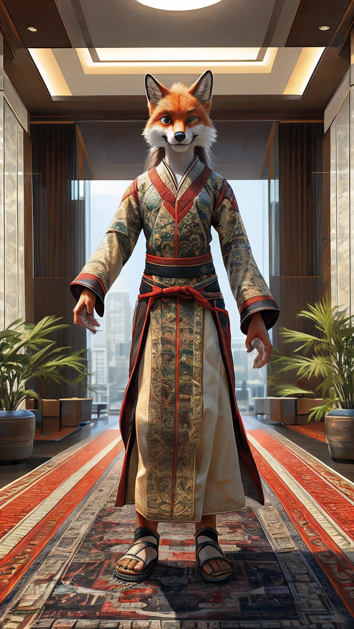 Bionic Fox，female，White Hanfu，sandals，Children，Standing on the carpet in the hotel，HD graphics，Detailed and realistic，high detal，high qulity，photo-realistic，photorealistic eye，Detailed paws，Clear eyes，Masterpiece artwork，Five-fingered hands，top-quality，32k，hyper HD